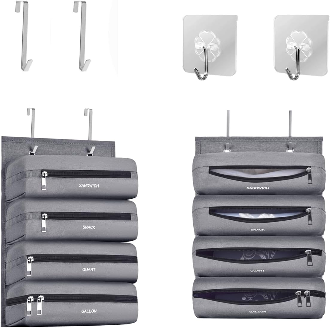 Zipper Bag Organizer Compatible with Gallon, Quart, Sandwich & Snack Food Storage Bag, Kitchen Plastic Bag Storage Organizer for Kitchen RV Camper (Grey)