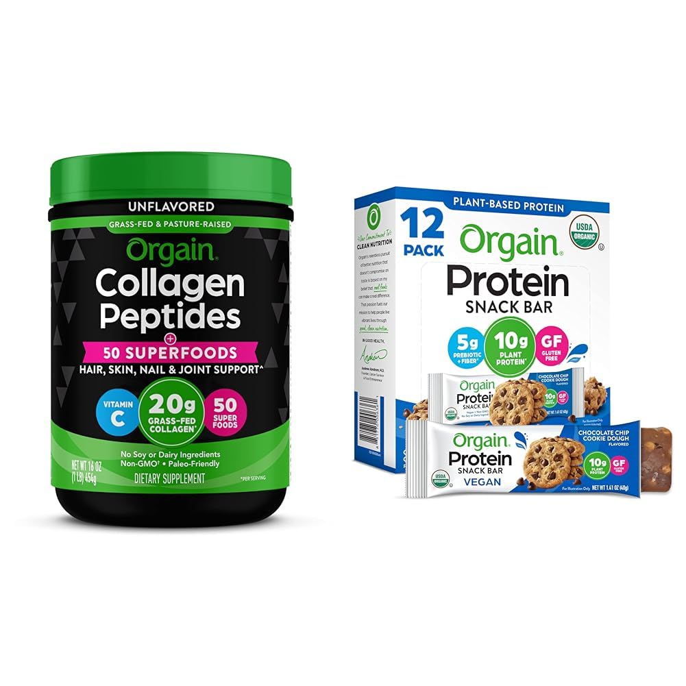 Orgain Hydrolyzed Collagen Powder + 50 Organic Superfoods, 20g Collagen Organic Vegan Protein Bars, Chocolate Chip Cookie Dough - 10g Plant Based Protein Bundle
