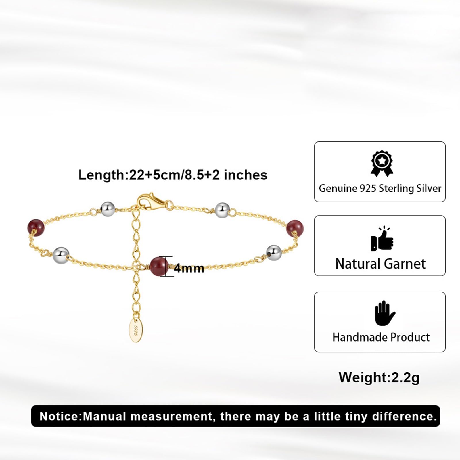 Cavigliera Donna Argento 925, Cavigliera Donna Estiva Catena con Granato e Perla Oro, Regolabile Fino a 27 cm - Bracciali alla Caviglia da Spiaggia Piede Catena Cavigliere per Donne
