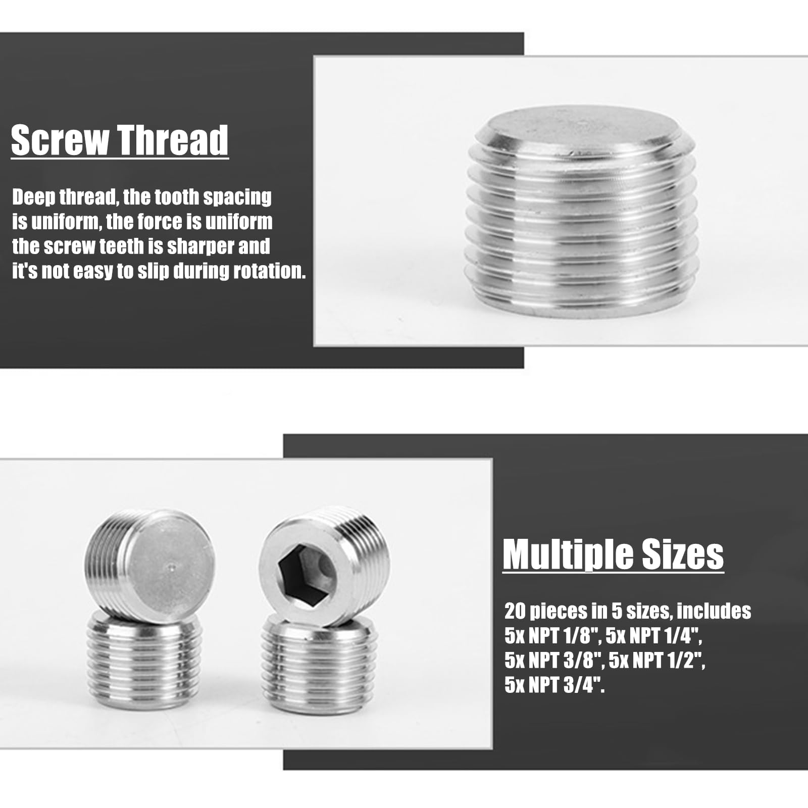Kit surtido de 20 piezas de conectores de tubería de acero inoxidable, 5 tamaños de rosca hexagonal macho NPT de 1/20.3 cm 1/10.2 cm 3/20.3 cm 1/5.1 cm 3/10.2 cm NPT rosca hexagonal interna