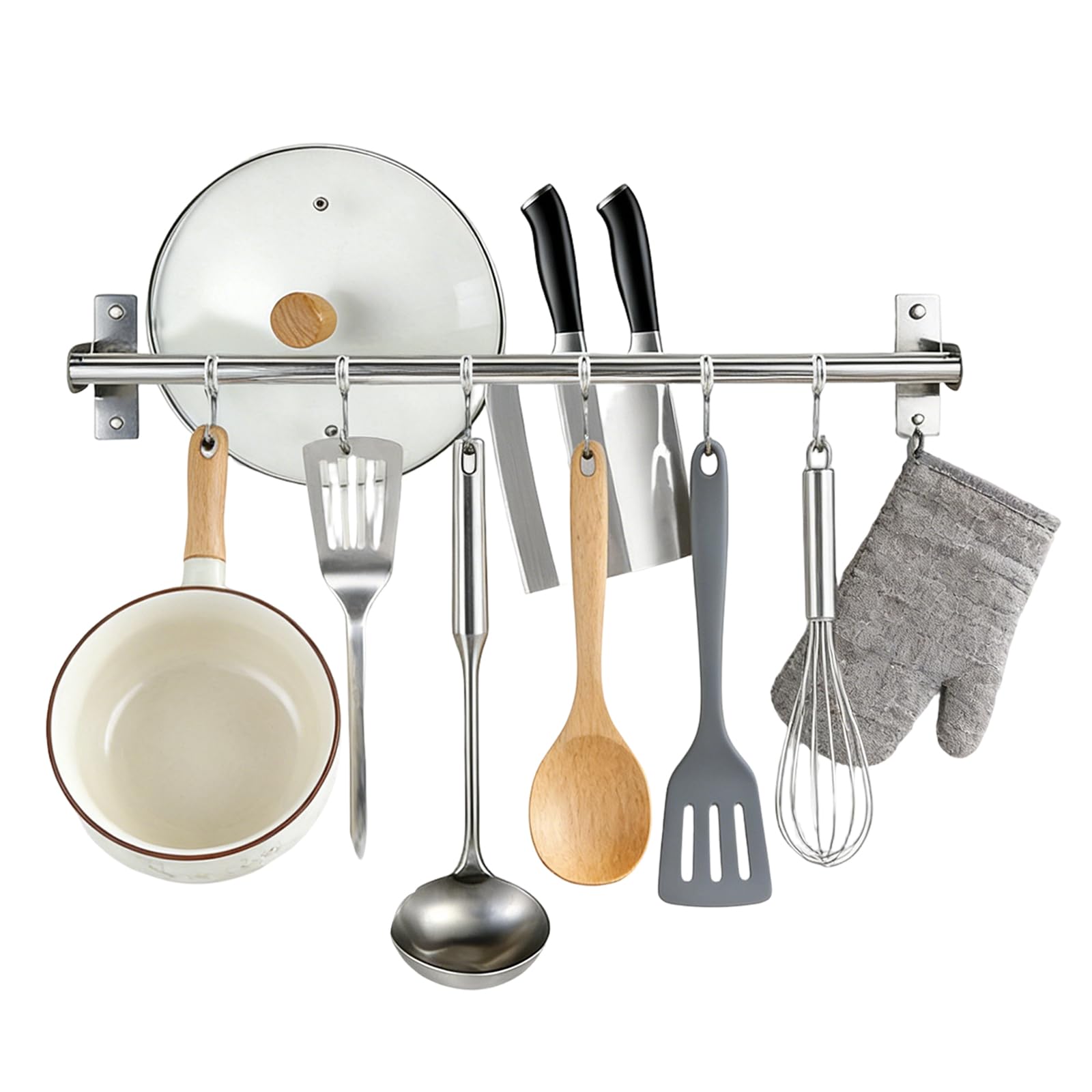 Apradas 30cm No Drilling/Drilling Kitchen Utensil Rack with 6 Hooks - Wall Mounted Stainless Steel Kitchen Utensil Rail Pan Hanger for Bathroom Bedroom Living Room (30cm)