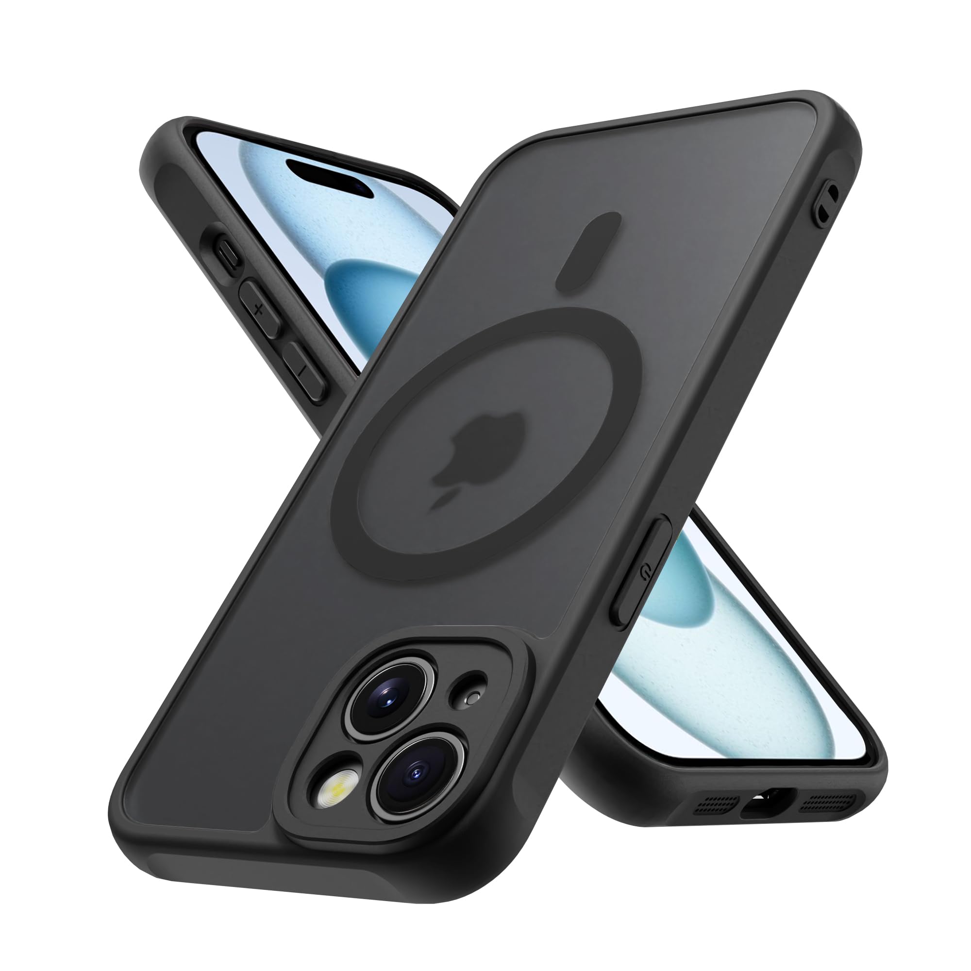 iPhone15 ケース MagSafe対応 マット感 耐衝撃 米軍MIL規格 アイフォン15 ケース マグネット搭載 黄ばみなし ストラップホール付き ワイアレス充電対応 PinLiSheng(ブラック, iPhone 15)