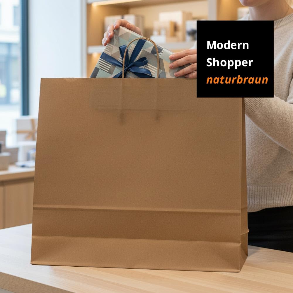 Papiertüten braun mit Kordel-Henkel I 125 Stk. 54+15x49cm I Papiertragetasche für Einzelhandel, Hochzeit, Geburtstag, TO-GO I Geschenktüten aus Kraftpapier I HUTNER