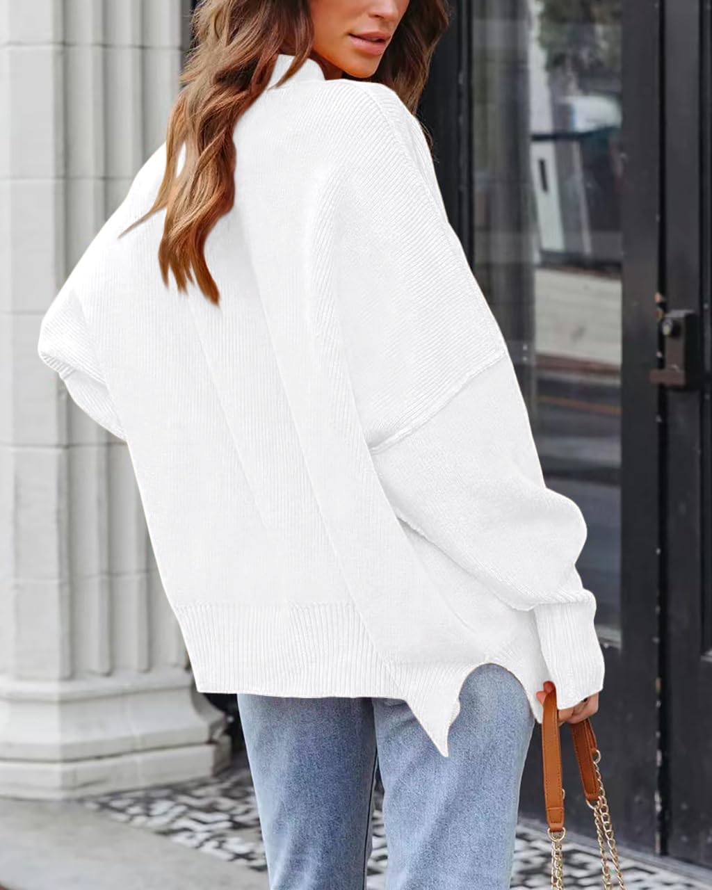 Basicspace Womens Oversized Sweater Casual Cute Sweater Winter Warm Chunky Crewneck Batwing Sleeve Knit Pullover Outerwear(Large,A White) - Image 2