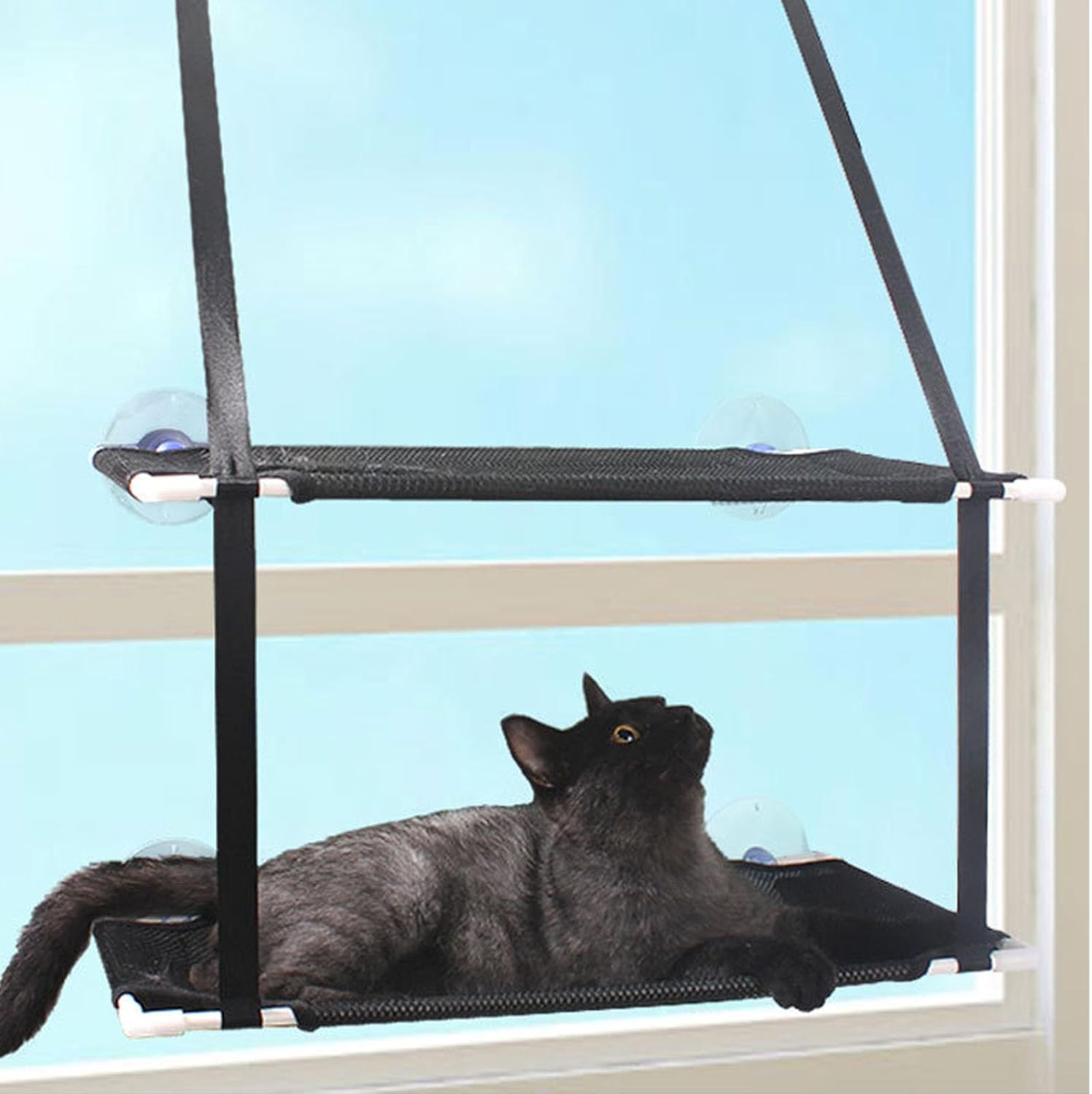 Cat Window Hammock, Sturdy Suction Cup Cat Perch with Support Rods, Double Layer Soft Pet Bed for Indoor Cats, Inflatable Window Lounging Spot for Balcony or Living Room (Black)