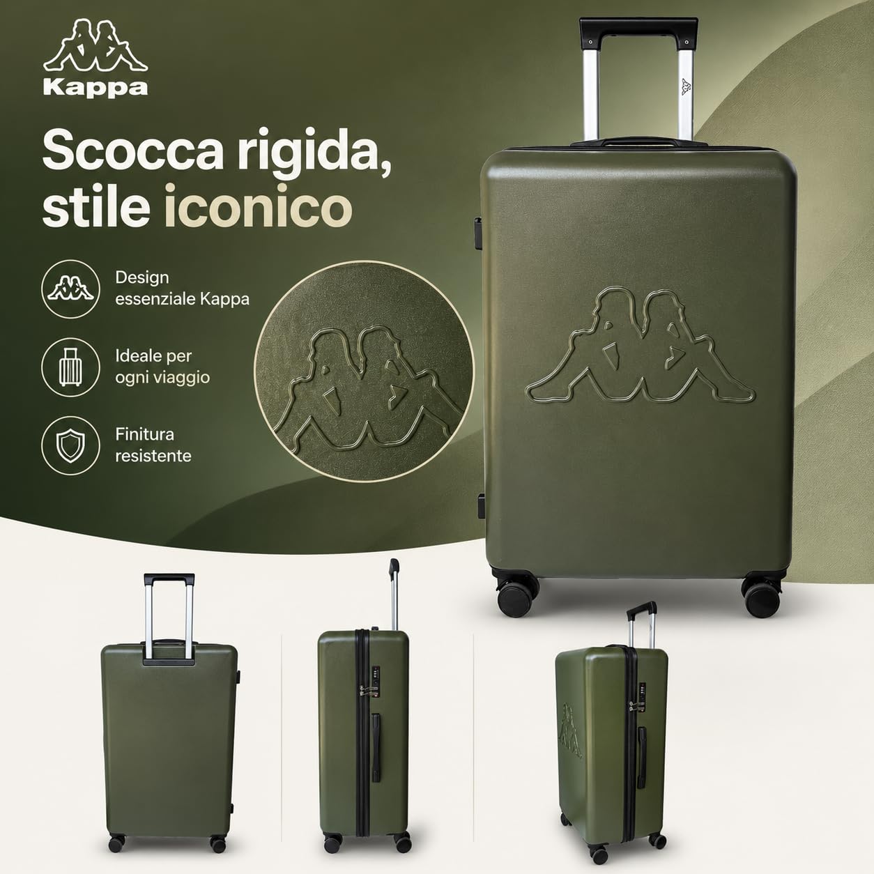 Kappa Set 3 Valigie Rigide in Policarbonato, Trolley da Viaggio 55/65/75 cm con 4 Ruote Girevoli, Maniglie Telescopiche, Lucchetto TSA ed Espansione 352F57W, Verde