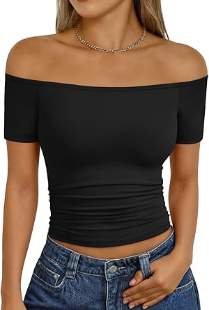 50% off: Trendy Queen Summer Off The Shoulder Tops for Women Going Out Short Sleeve Shirts Cute …