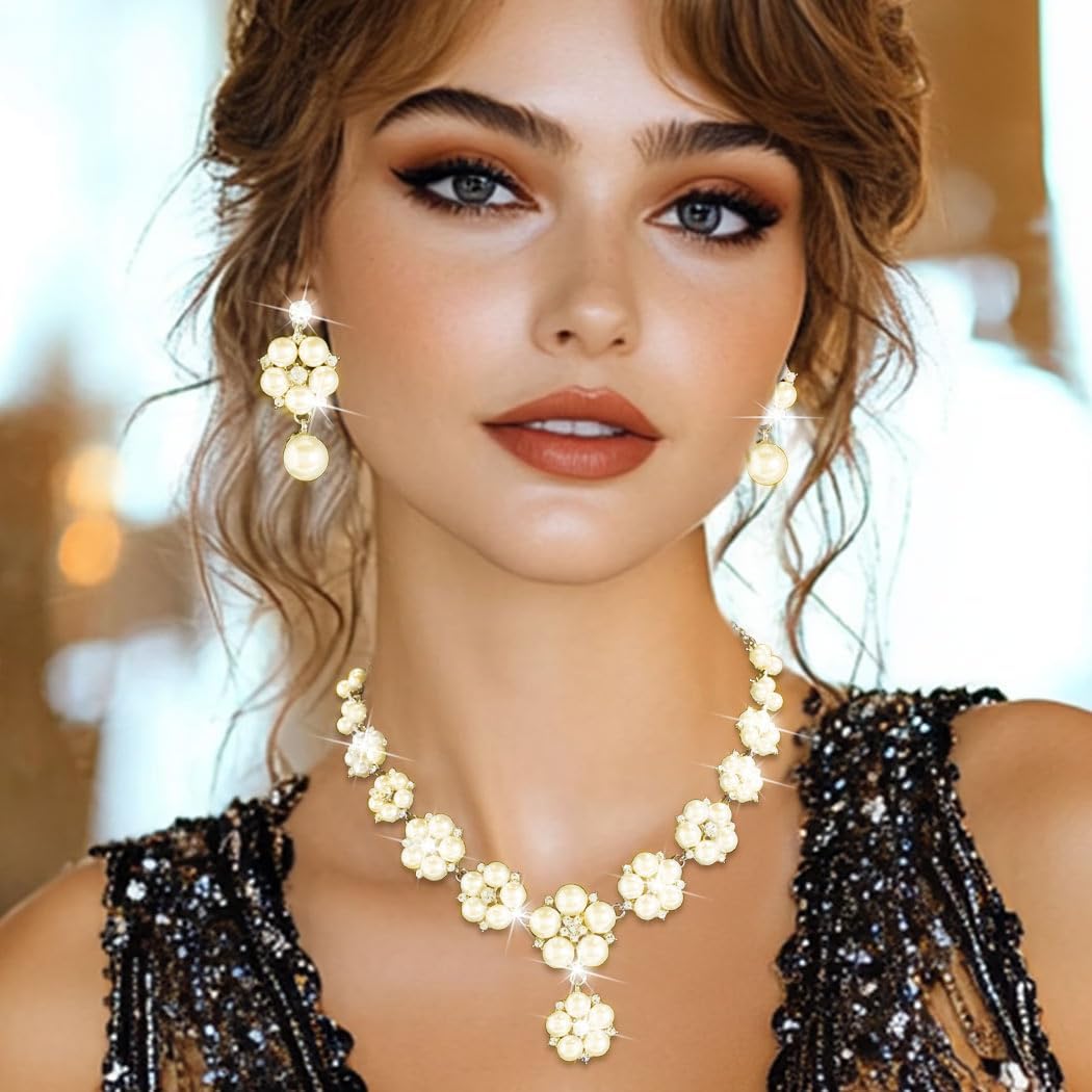 Nicute Pearl Jewelry Set for Women Crystal Necklace Earrings Sparkly Wedding Set for Birdal and Bridesmaid - Image 4