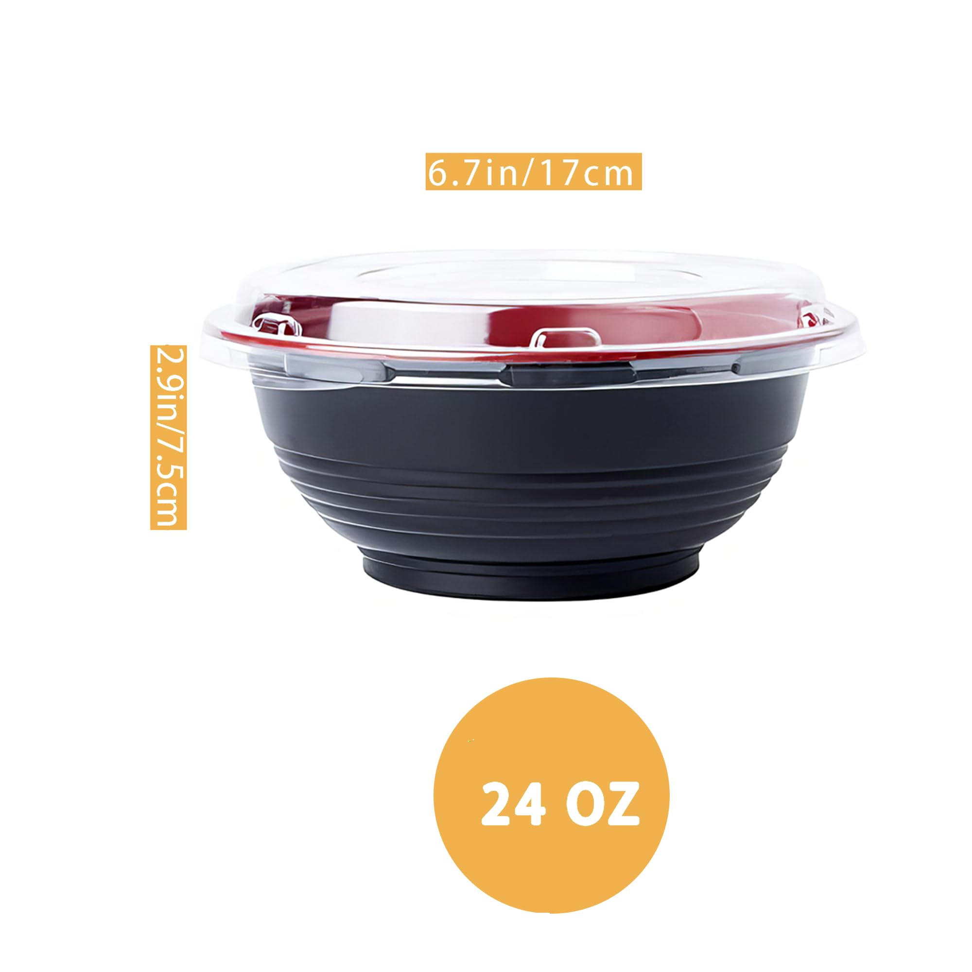 POPMISOLER 300-Pack 24oz Asian-style microwave salad bowls (with lids) | Red and black disposable takeaway bowls | For picnics and takeaways