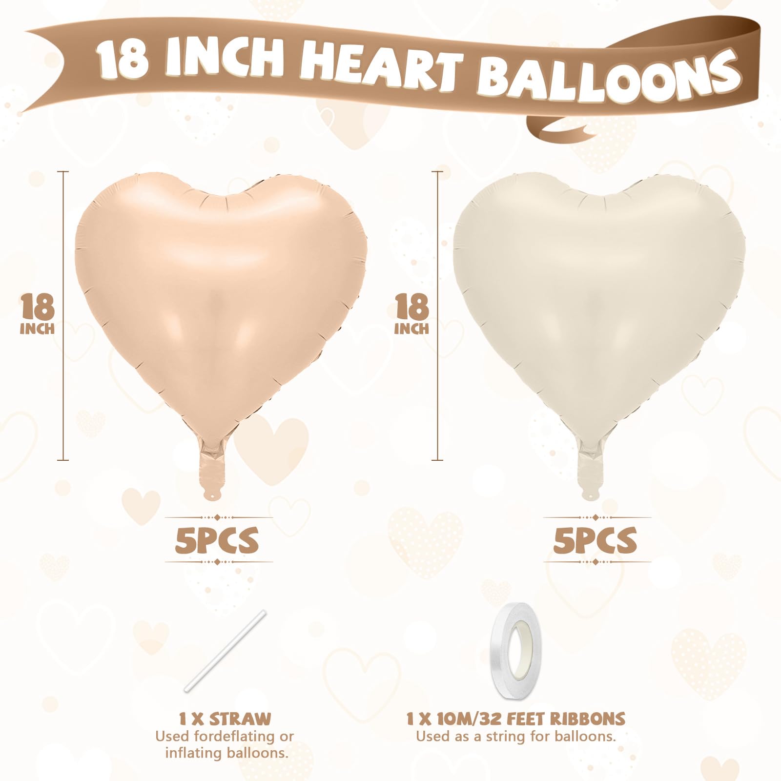 Cream Apricot Heart Balloons, 10 Pcs Beige White Caramel Foil Heart Shaped Balloon - Image 2