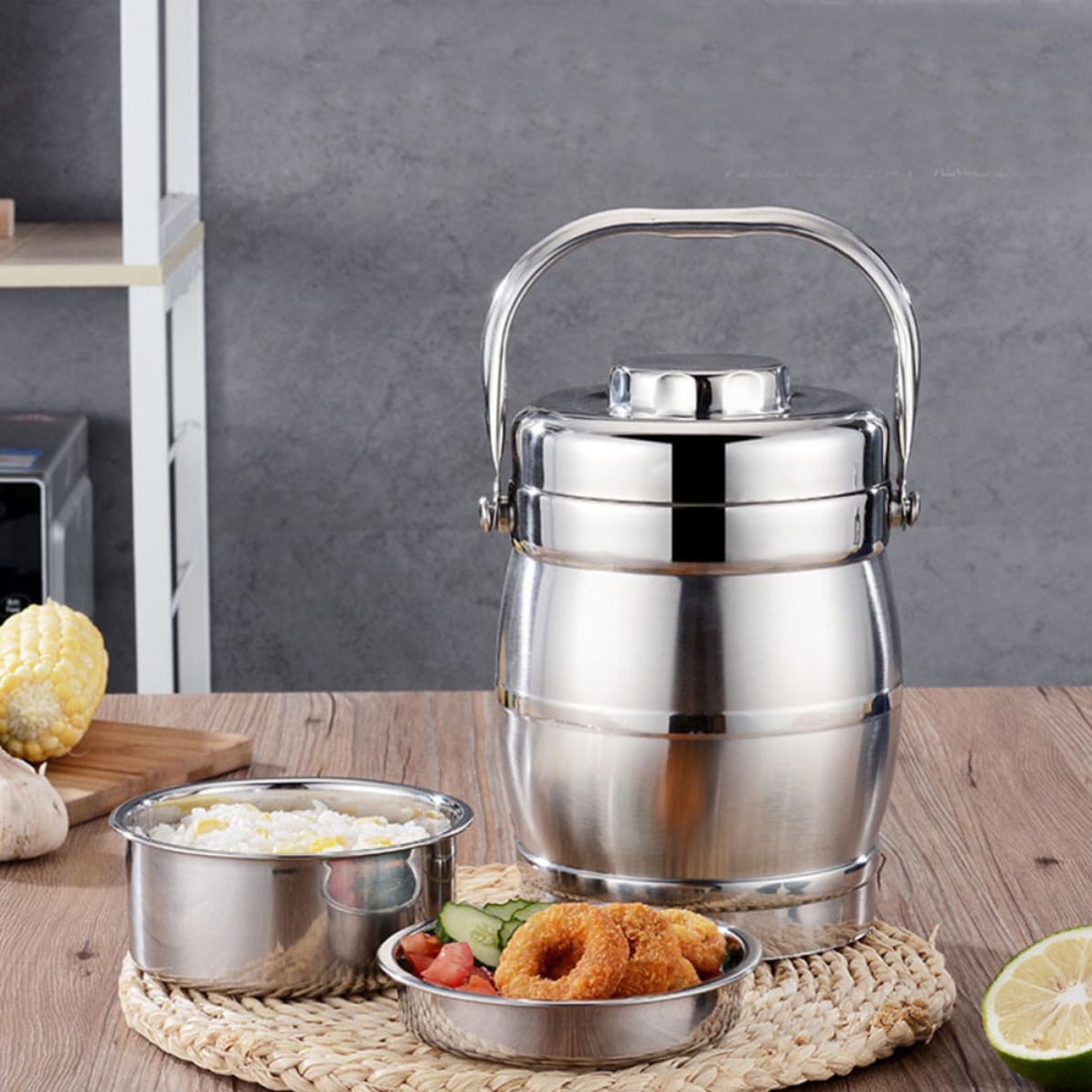 Fiambrera de Acero Inoxidable Doble Capa y Aislamiento al Vacío, Portátil Asa, Capacidad 3l, Mantiene la Comida Caliente hasta 6 Horas para Oficina y Viajes