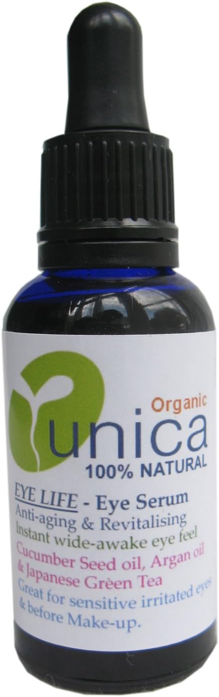 UNICA COSMETICS Organic Eye Serum. Sensitive skin & Eczema. 100% Natural. Cucumber seed oil, Argan oil, Rosehip oil & Japanese Green Tea 10ml