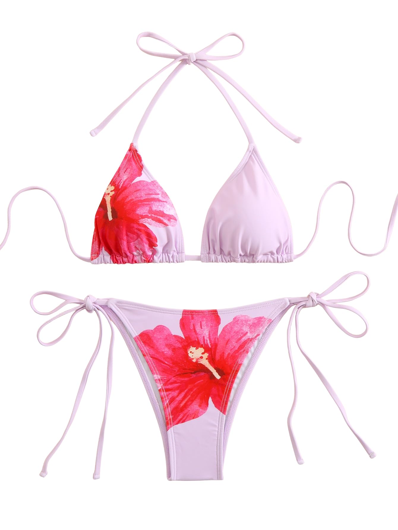 SEGT Women's 2 Piece Floral Print Halter Neck Tie Bikini Set Triangle String Thong Swimsuit Summer Bathing Suits for Women