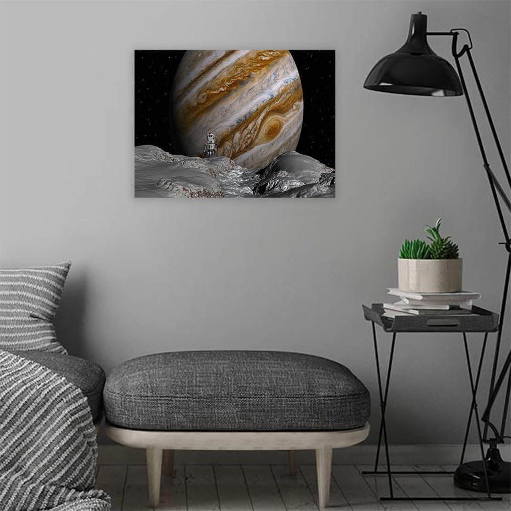 VERRE ART Printed Framed Canvas Painting for Home Decor Office Wall Studio Wall Living Room Decoration (22x14inch Wrapped) - Lander Over The Surface Of Ganymede