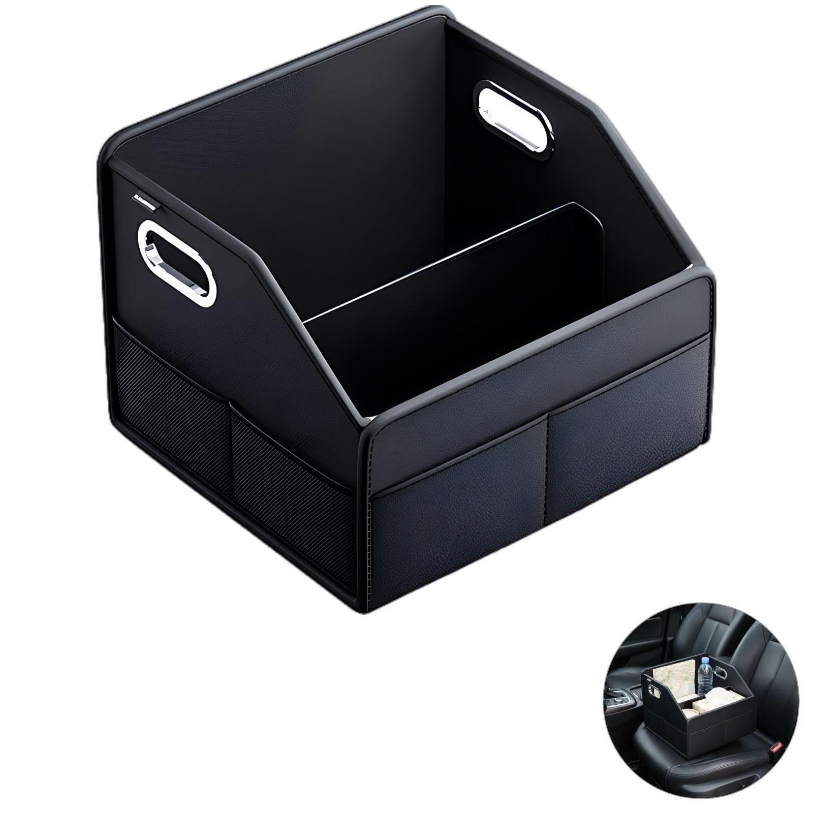 Organizer per auto, in pelle PU nera con design diviso, maniglie per il trasporto in metallo, interno 29 x 32 x 23,1 cm, facile da pulire, organizer per sedile passeggero, bagagliaio, cabina del