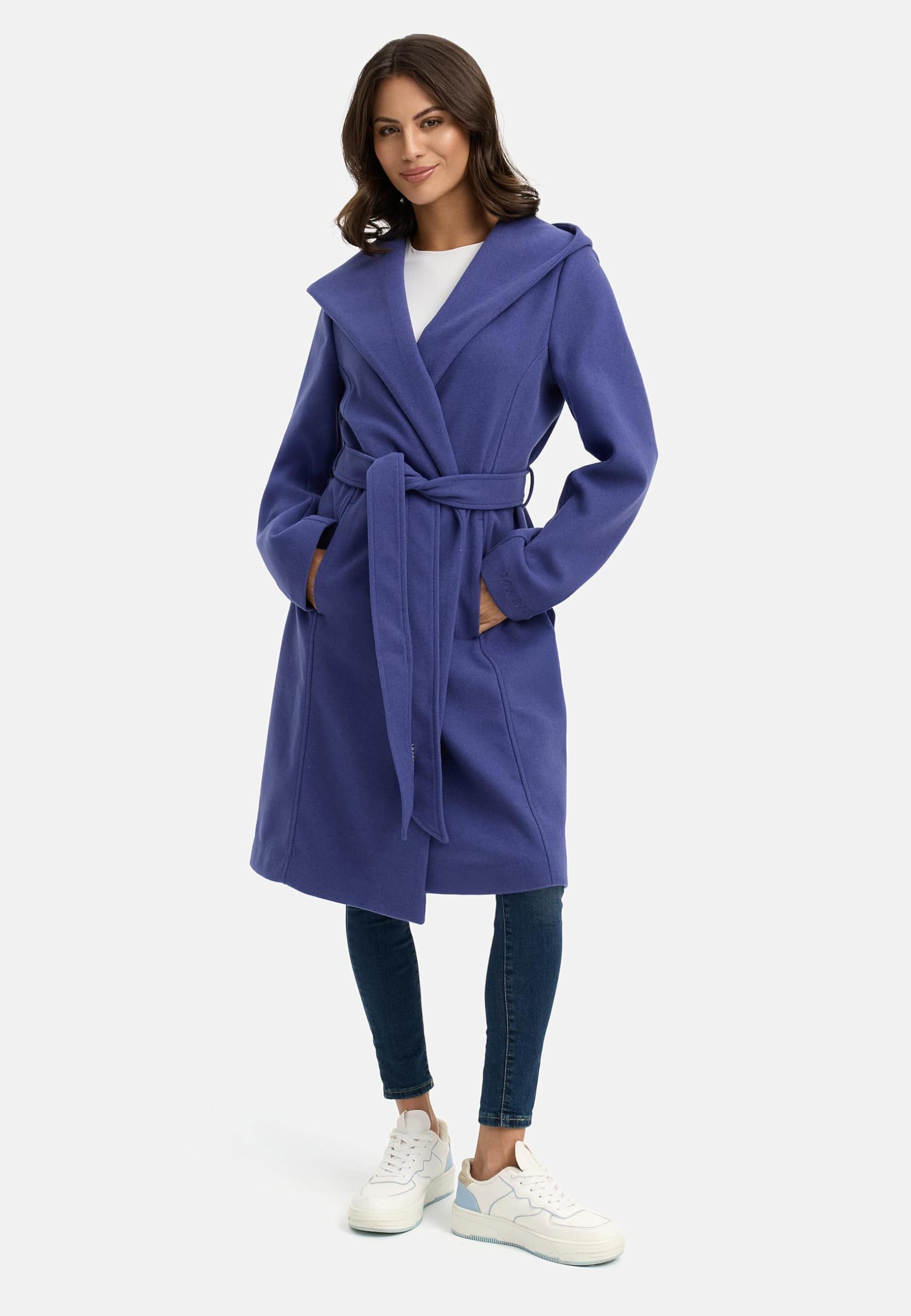 MARIKOO Damen Übergangsmantel lang Wickelmantel leichter Trenchcoat in Wolloptik mit Taillengürtel und Kapuze Kailii 16 XS-3XL