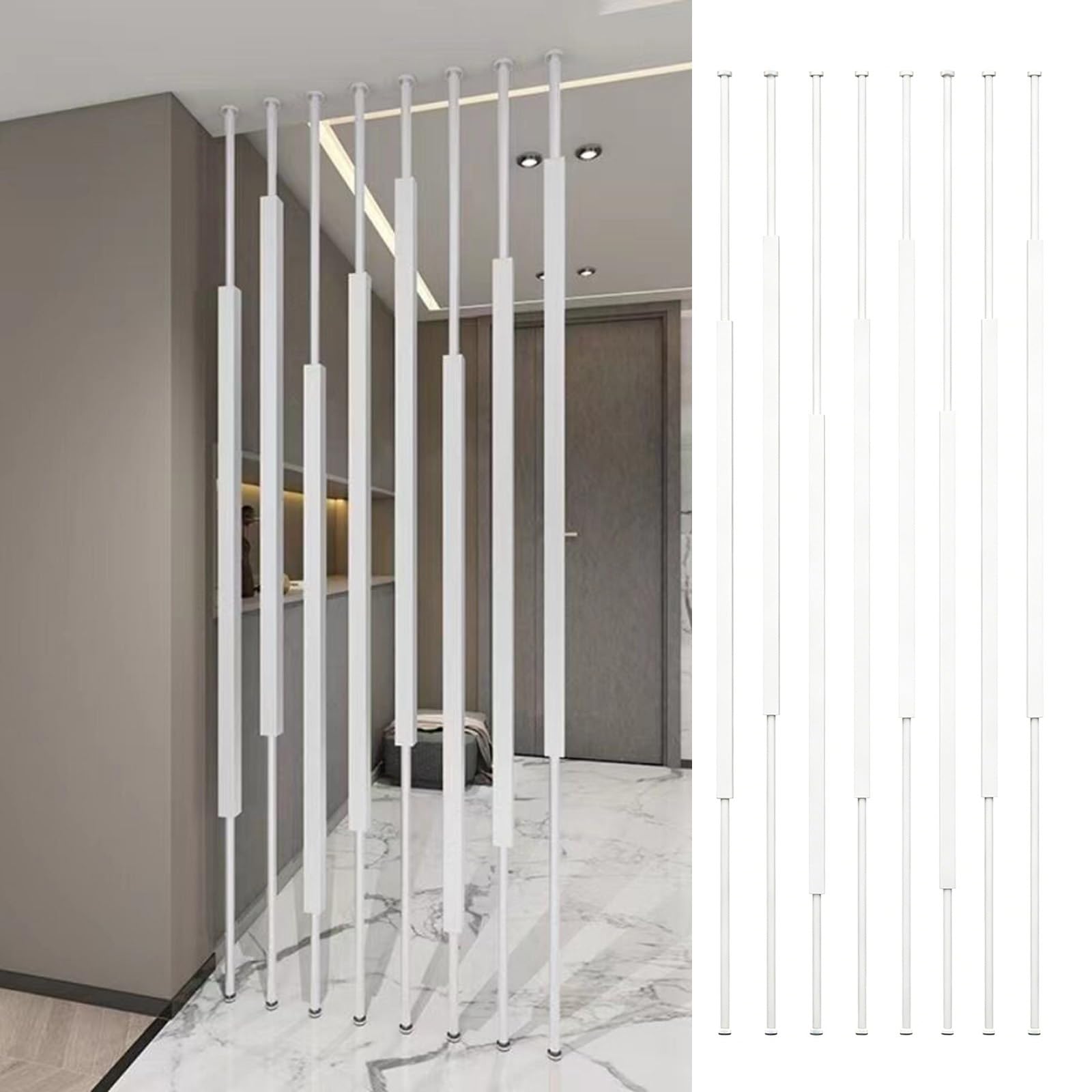 HAIXHX Minimalist Metal Column Room Divider, Floor Standing Square Slat Partition Screen, Decor Rooms Separator for Entrance Hall Living Space(White,61in/155cm)
