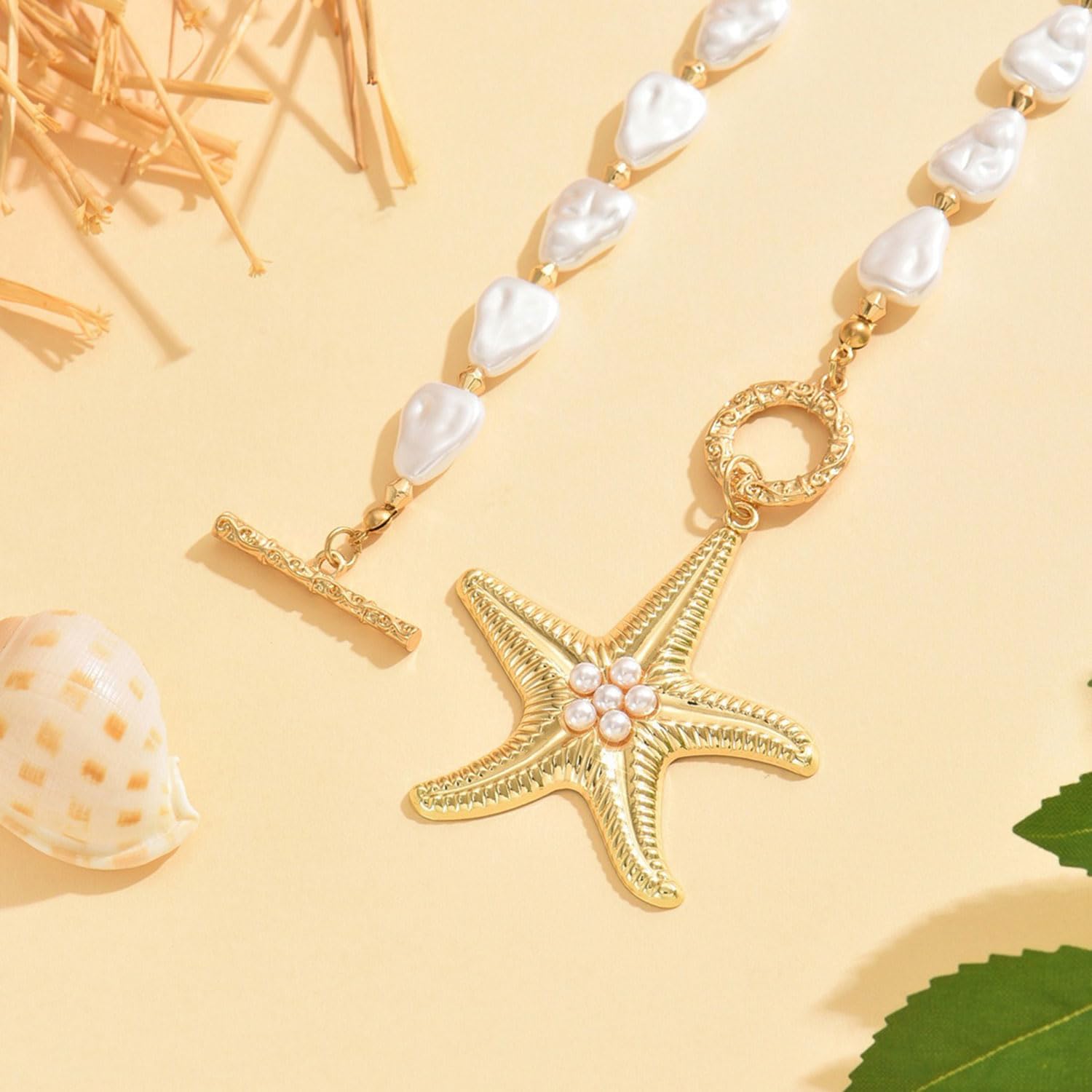 Chunky Gold Starfish Necklace for Women Big Gold Starfish Pendant Necklace Dainty Baroque Pearl Choker Necklaces Summer Beach Jewelry Gifts for Women - Image 5