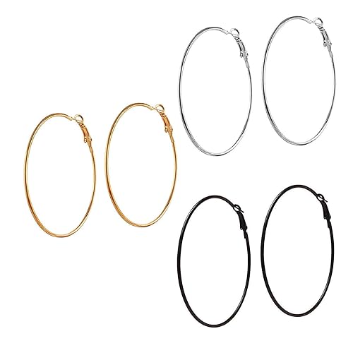 SKN Jewellery Triplet Combo of Silver, Golden & Black Big Round Alloy Hoop Ear Bali Earrings for Women & Girls