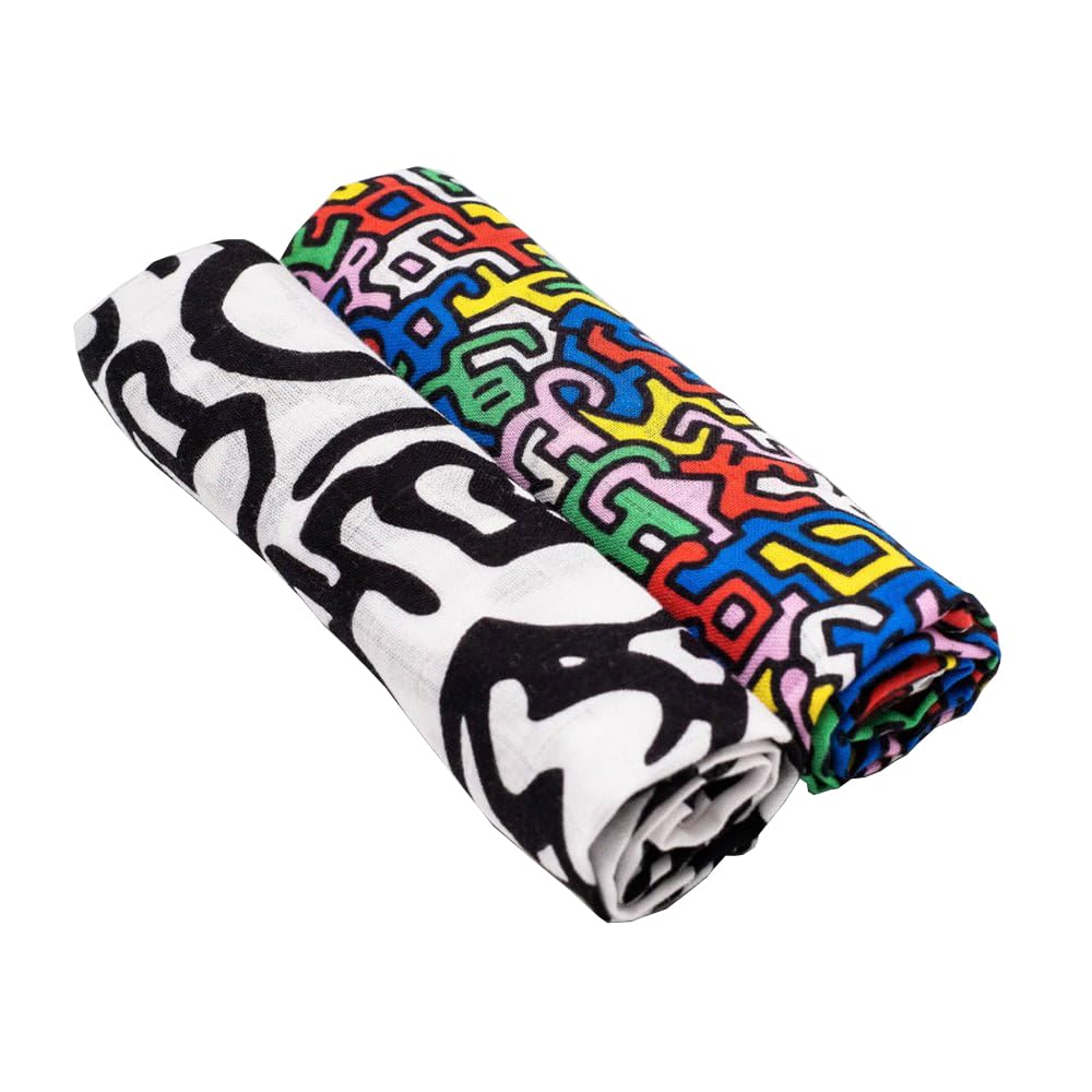 Etta Loves Muslin Cloth Keith Haring Print 2-Pack Grow With Me Swaddle Wrap - Sensory Muslin Blanket 80cm x 80cm - Organic Cotton
