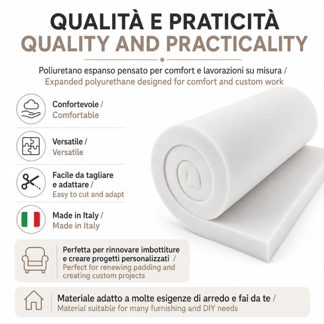 TENDEEVOLUTION Gommapiuma Densità 18, 25, 30 per Divano, foglio 200x100, Lastra Poliuretano espanso Imbottitura Spugna, Spessore Personalizzabile da 1 a 10 cm