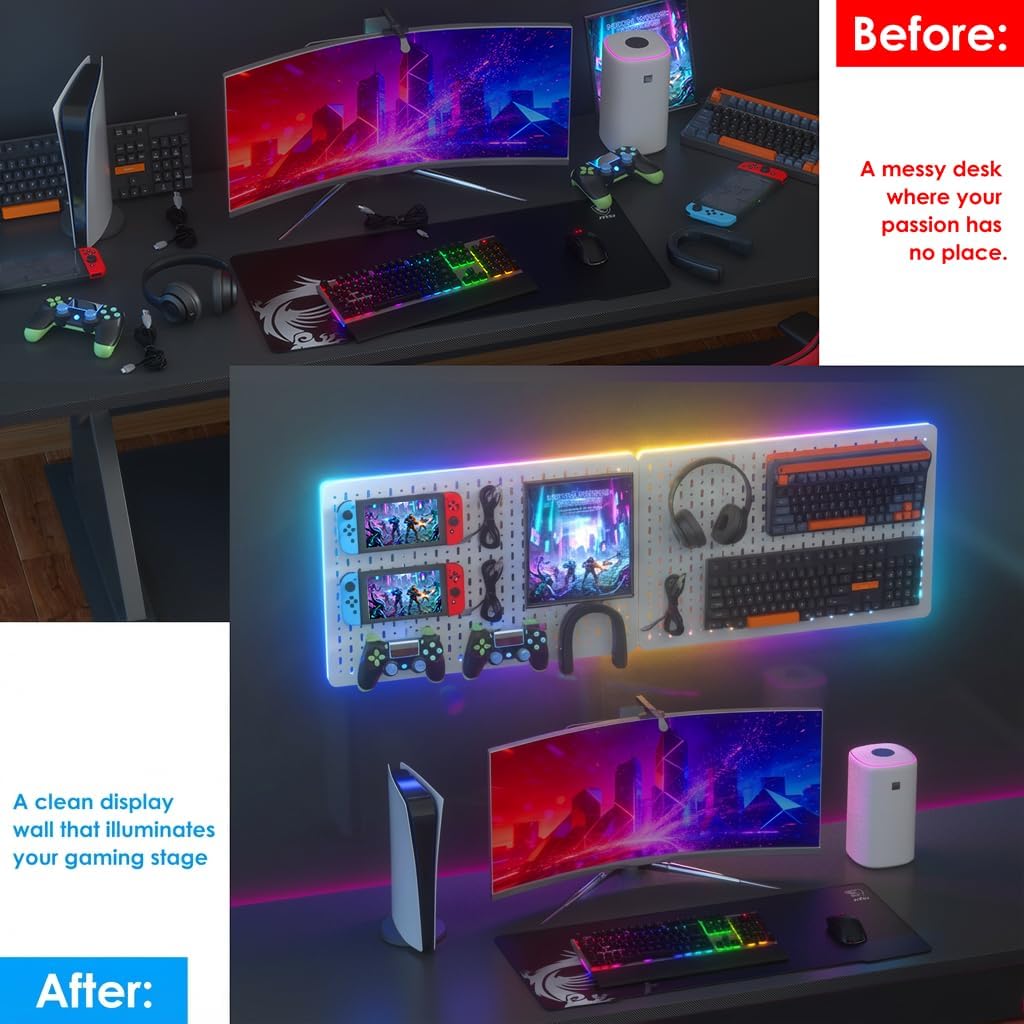 Pegboard Wall Organizer with Built-in RGB Ambient Lighting Strip, White Peg Board with Hooks for Office, Kitchen, Gaming Room, Desk Storage Display Rack, 2PCS 22 * 14.8 inch