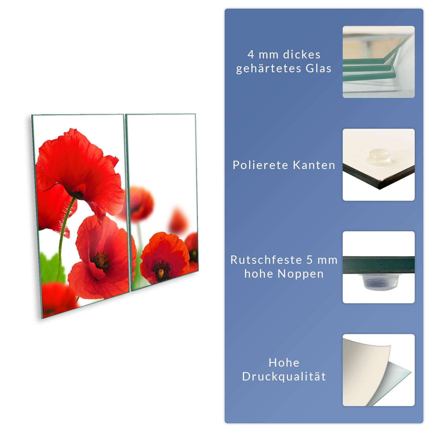 Herdabdeckplatte Abdeckung Ceranfeld Abdeckplatte Schneidebrett 2-Teilig 60x52 Mohnblume Rot Spritzschutz Glasplatte Ceranfeldabdeckung Schutz Herdschutz Sicherheitsglas Glasschneidebrett 2x30x52