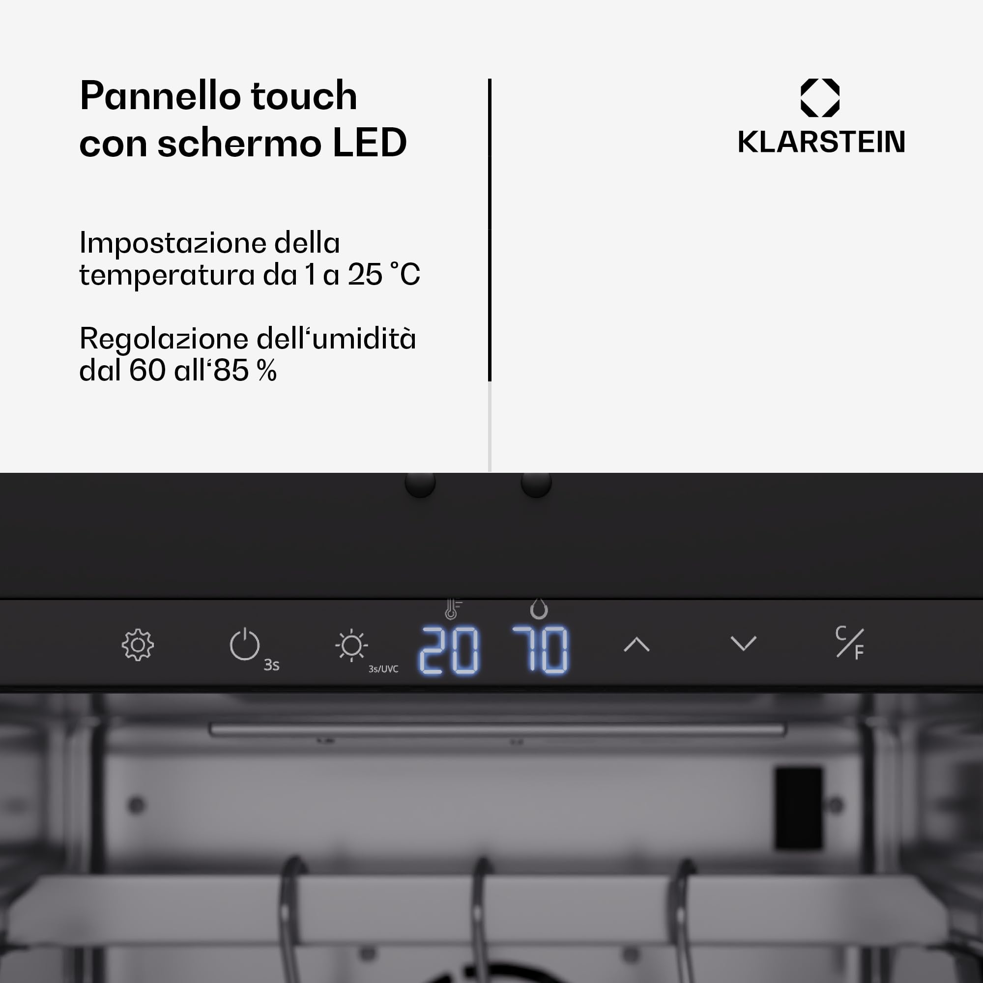 KLARSTEIN Frigo per Frollatura Carne, 88L Armadio Stagionatura con Controllo Temperatura e Umidità, Illuminazione UVC Antibatterica, Pannello Touch, Porta Doppio Vetro, Acciaio Inossidabile