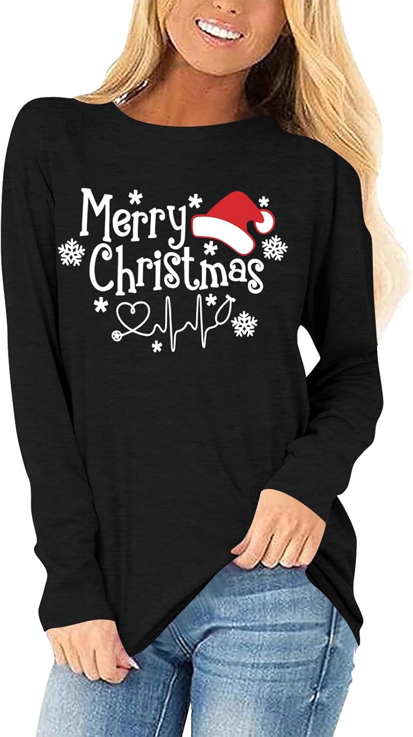 Christmas T-Shirt for Women Long Sleeve Round Neck Xmas Holiday Shirts Casual Basic Tunic Tops - Image 4