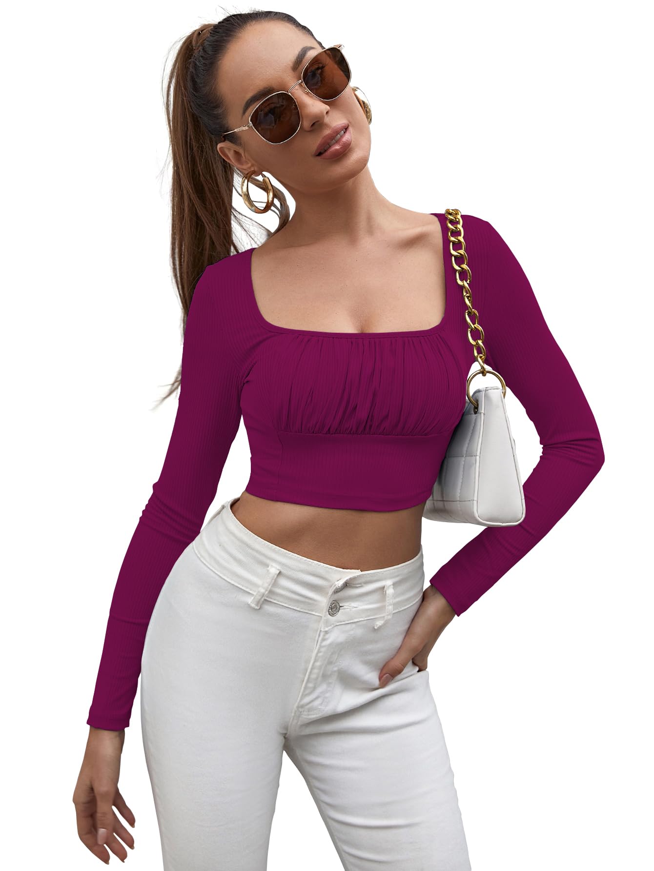 Sugathari Maglietta da donna e ragazza tinta unita a maniche lunghe con scollo rotondo increspato busto crop top (Top3 107)