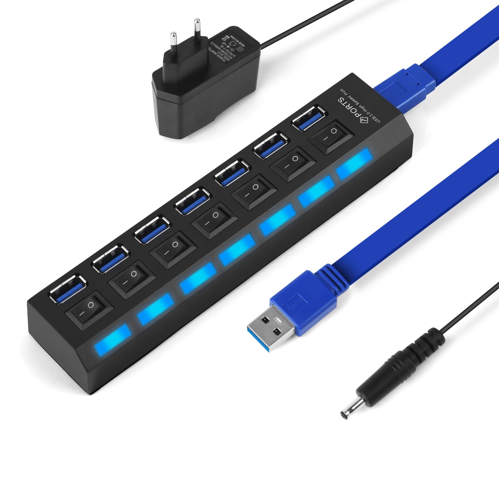 OFFCUP Hub USB 7 portów z zasilaczem, rozdzielaczem USB, aktywnym hubem USB 3.0+2.0 z indywidualnymi przełącznikami i wyświetlaczem LED, plug & play, do laptopów, komputerów MacBook i innych urzą