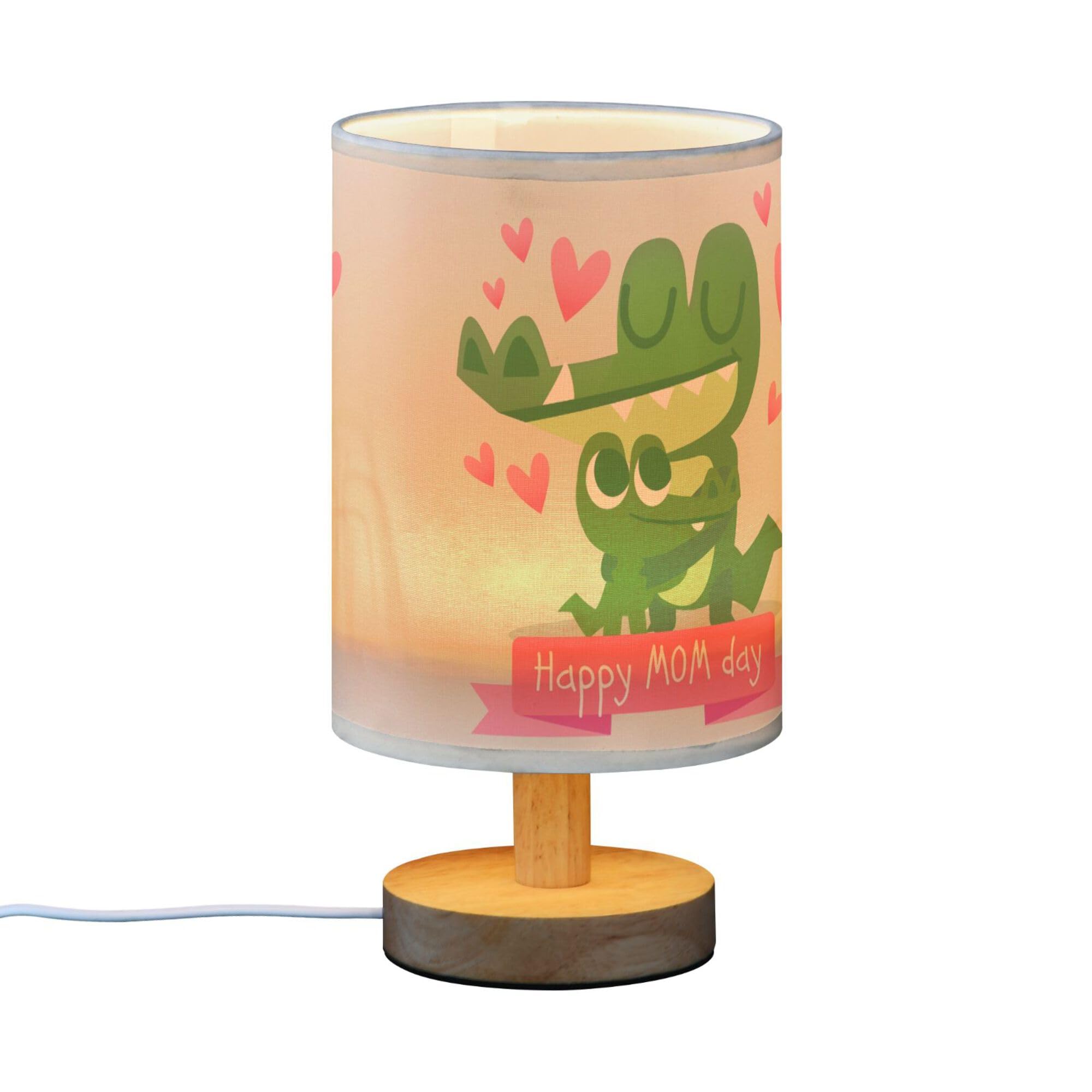 YYZZH Table Lamp Happy Mother's Day Crocodile Mom Hug Baby Pink Heart Nightstand Lamp with Wood Base Fabric Lamp Shade Bedside Desk Lamp for Living Room Bedroom Kids Room Office