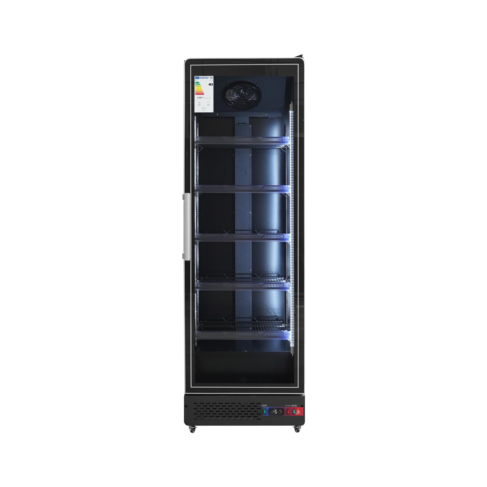 Armario Expositor Refrigerado Profesional | 1 Puerta Cristal, Sub-Zero, 450L, Luz LED Multicolor, Control Digital CAREL, Ventilado, Clase Energética B, Acero Inox Negro