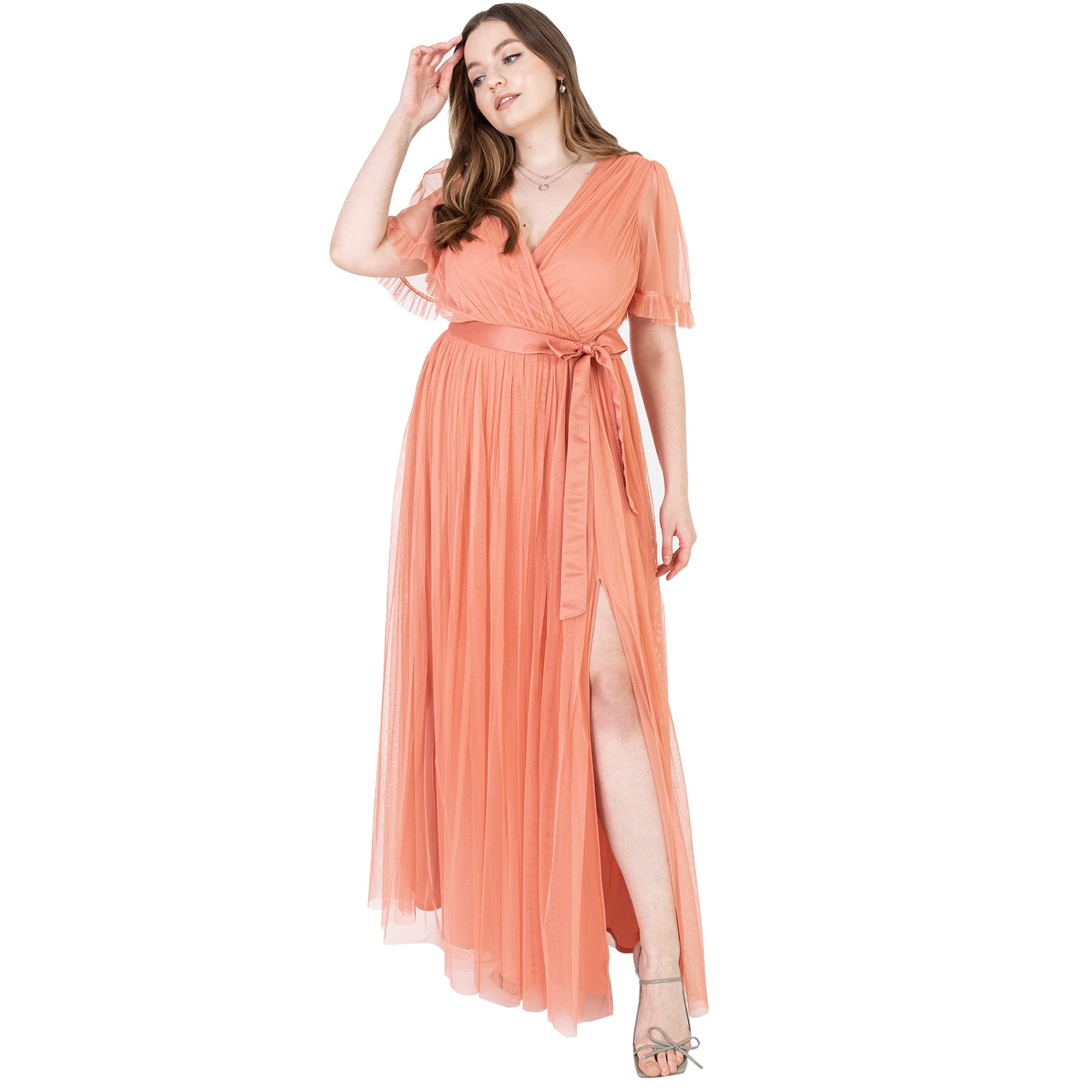 Anaya with Love Damen Ladies Maxi Dress for Women V Neckline Short Sleeve Frilly Long Empire Waist for Wedding Guest Bridesmaid Maid of Honour Kleid, Coral Pink,