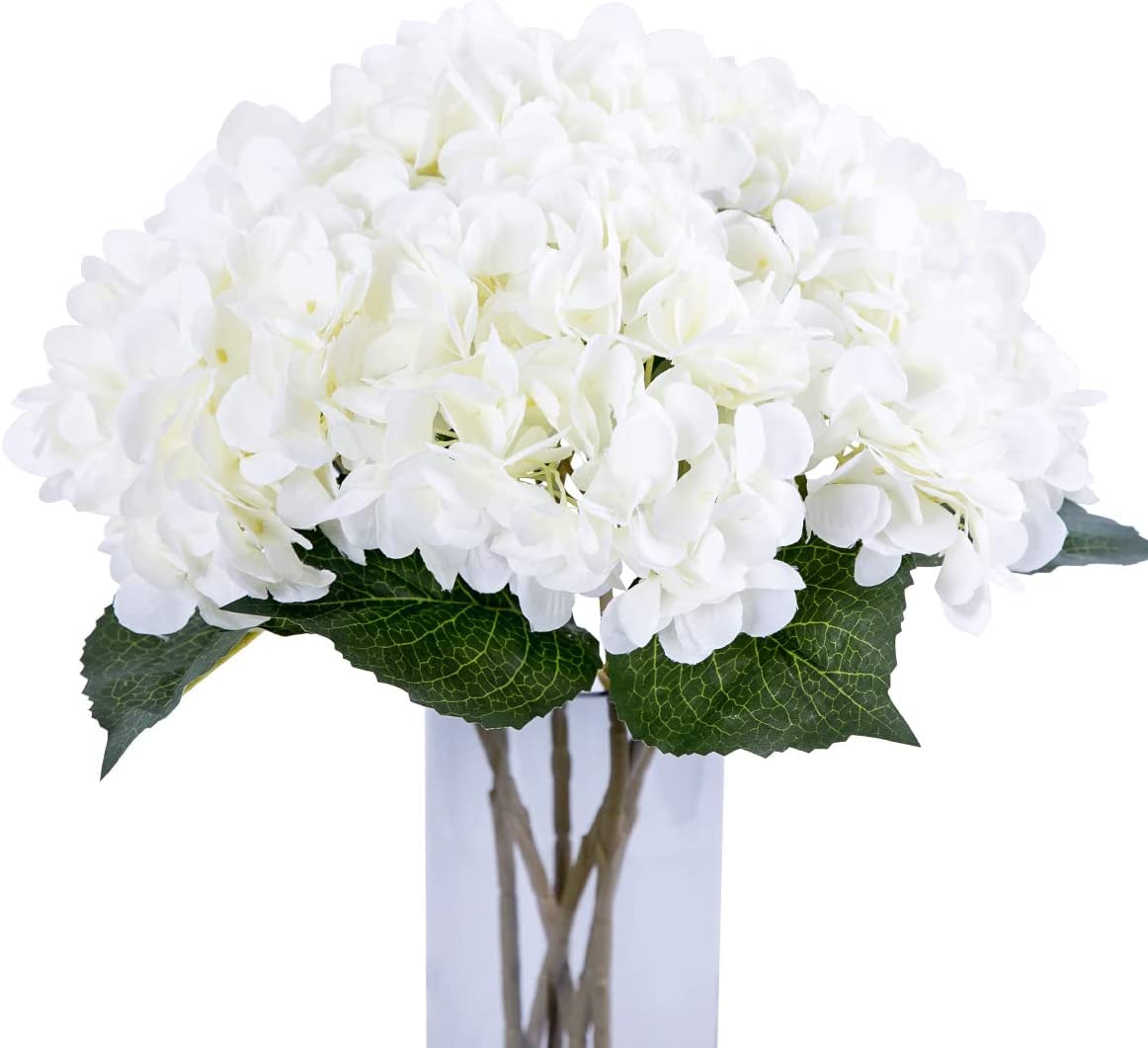 Artificial Hydrangea Flowers, 5 PCS Realistic Single Long Stem Silk 6.6 Inch Flower Head Hydrangea Bouquets for Wedding, Home, Hotel, Party Decoration, Floral Arrangement (White)