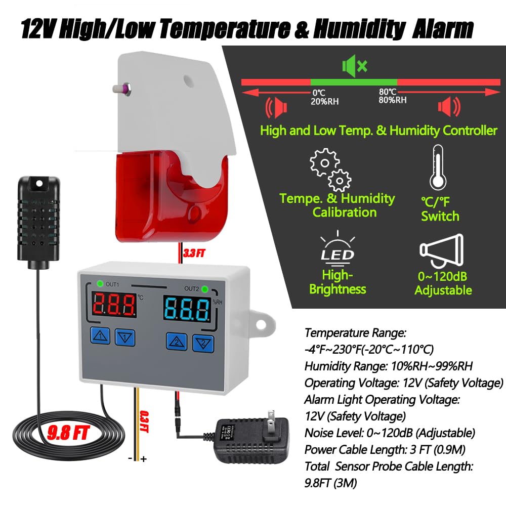 Hygrometer Thermometer, 12V High/Low Temperature and Humidity Monitor, 0~120dB Adjustable Audible/Visual Thermostat Controller with External Output Option for House/Terrarium/Greenhouse/Humidor/Cellar