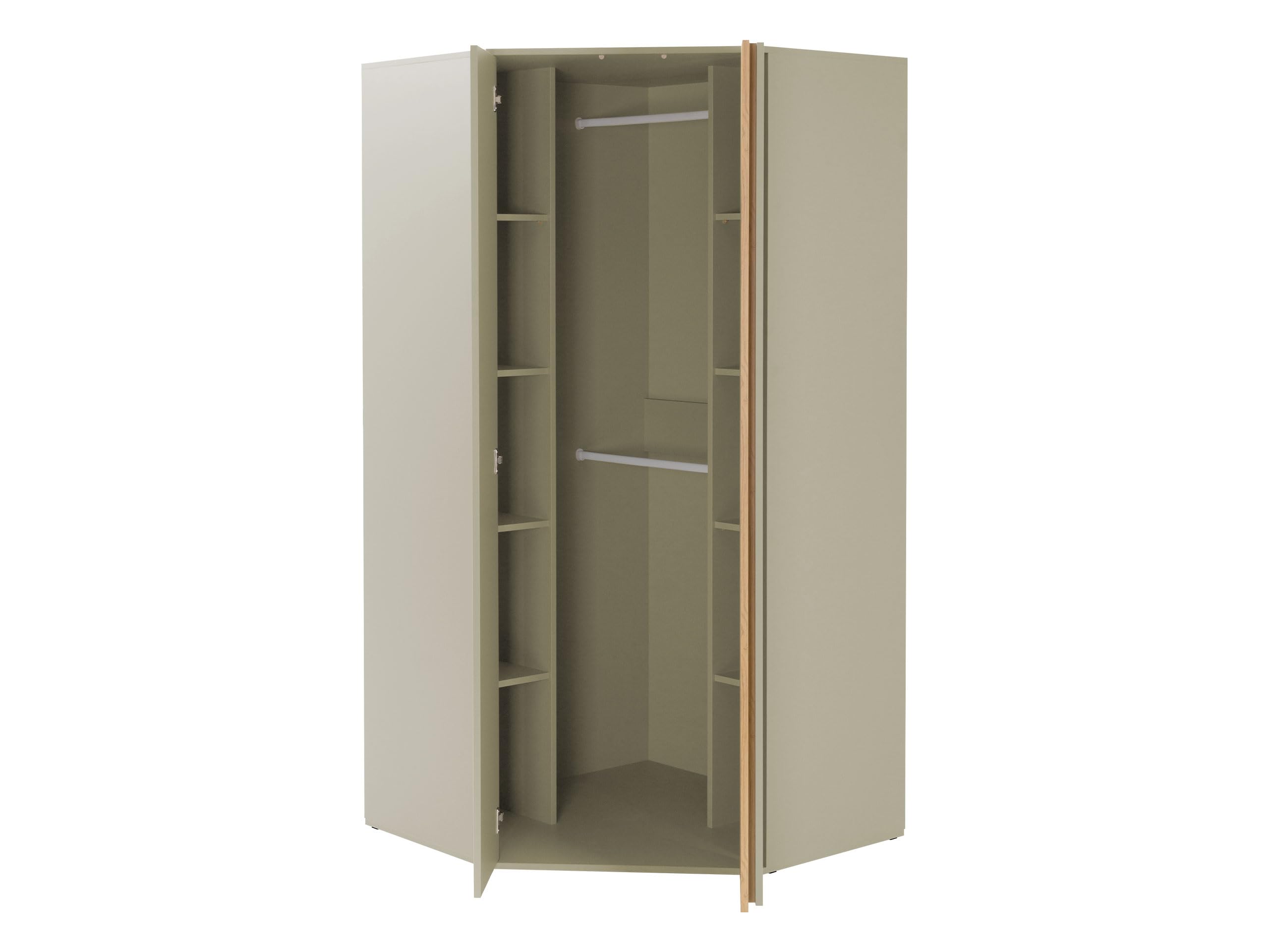 Mirjan24 Eckkleiderschrank Lonitz LZ02, Eckschrank grifflos, 2-türig, inkl. Kleiderstange & Fächern, Kleiderschrank mit viel Stauraum (Eucalyptus + Eiche Baltic Dune)