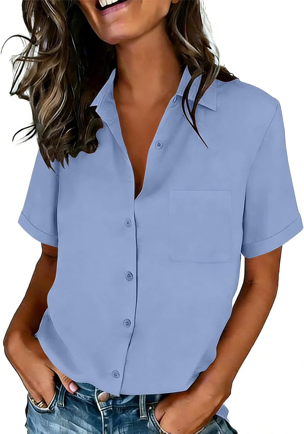 Women's Casual Button Down Shirts - Short Sleeve V Neck Collared Blouses with Pocket, Business Casual Work Tops