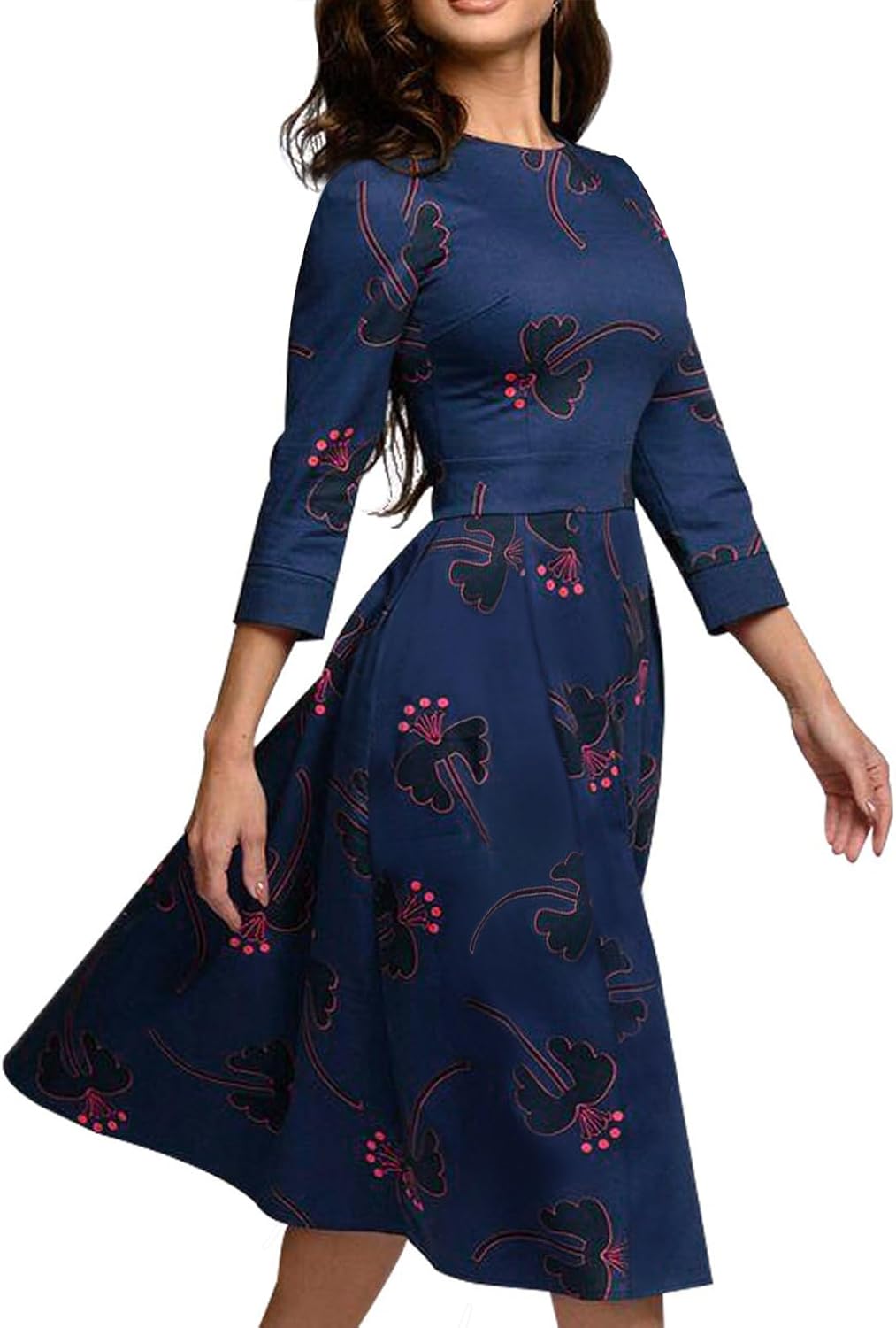 Simple Flavor Women's Floral Vintage Dress Elegant Midi Evening Dress 3/4 Sleeves - Image 2