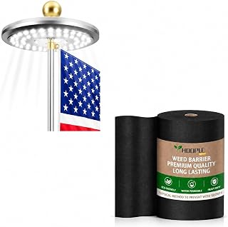 HOOPLE 3 ft x 300 ft Landscape Fabric Weed Barrier + Solar Flag Pole Light 26 LED – Heavy Duty Water Permeable Ground Cover & Waterproof Solar Powered Flag Light Bundle for Yard, Garden, Driveway, Lan