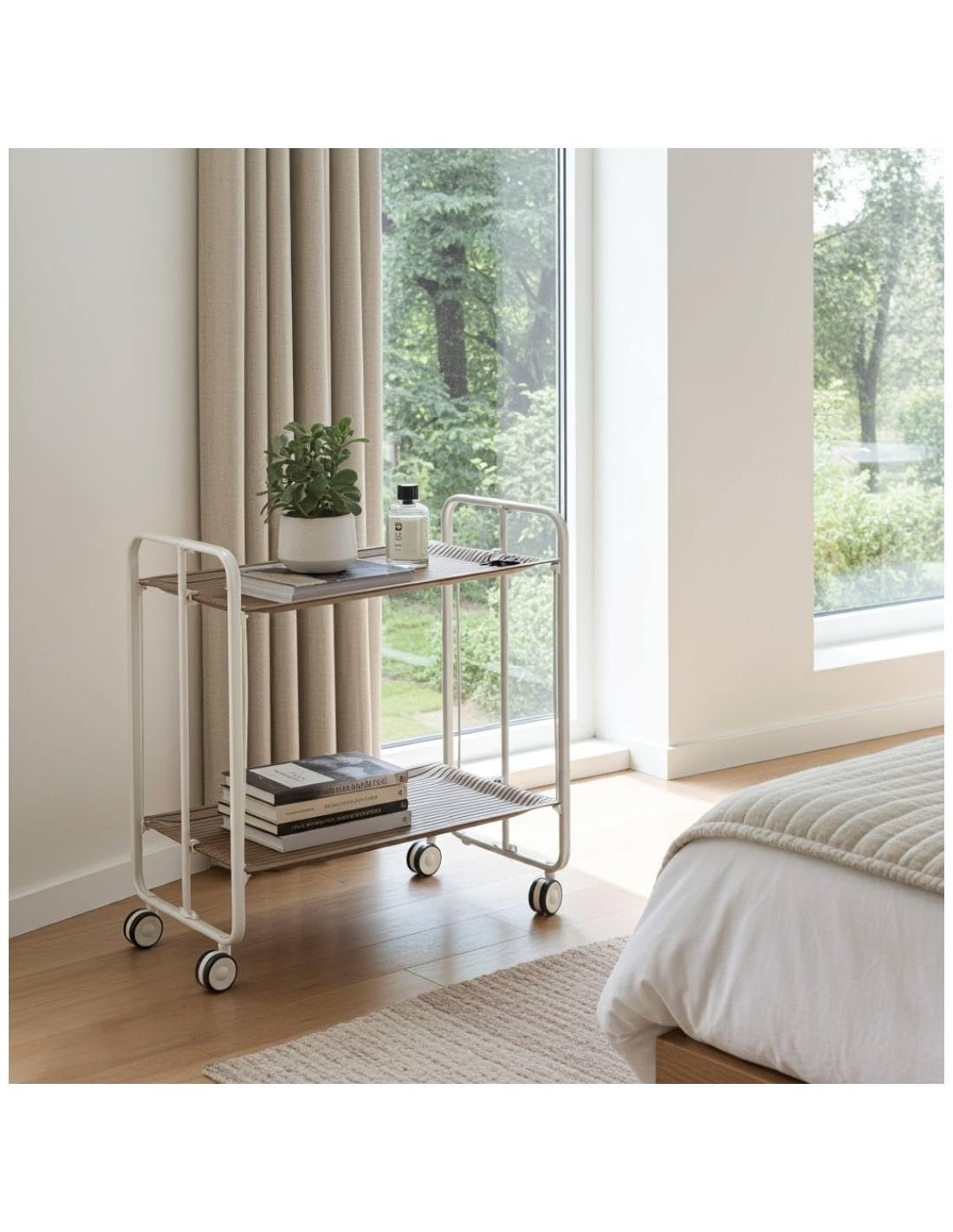 DON HIERRO - Carrito auxiliar plegable BAUHAUS con ruedas – Armazón metálico blanco, 2 niveles, 4 posiciones ajustables-Alistonado
