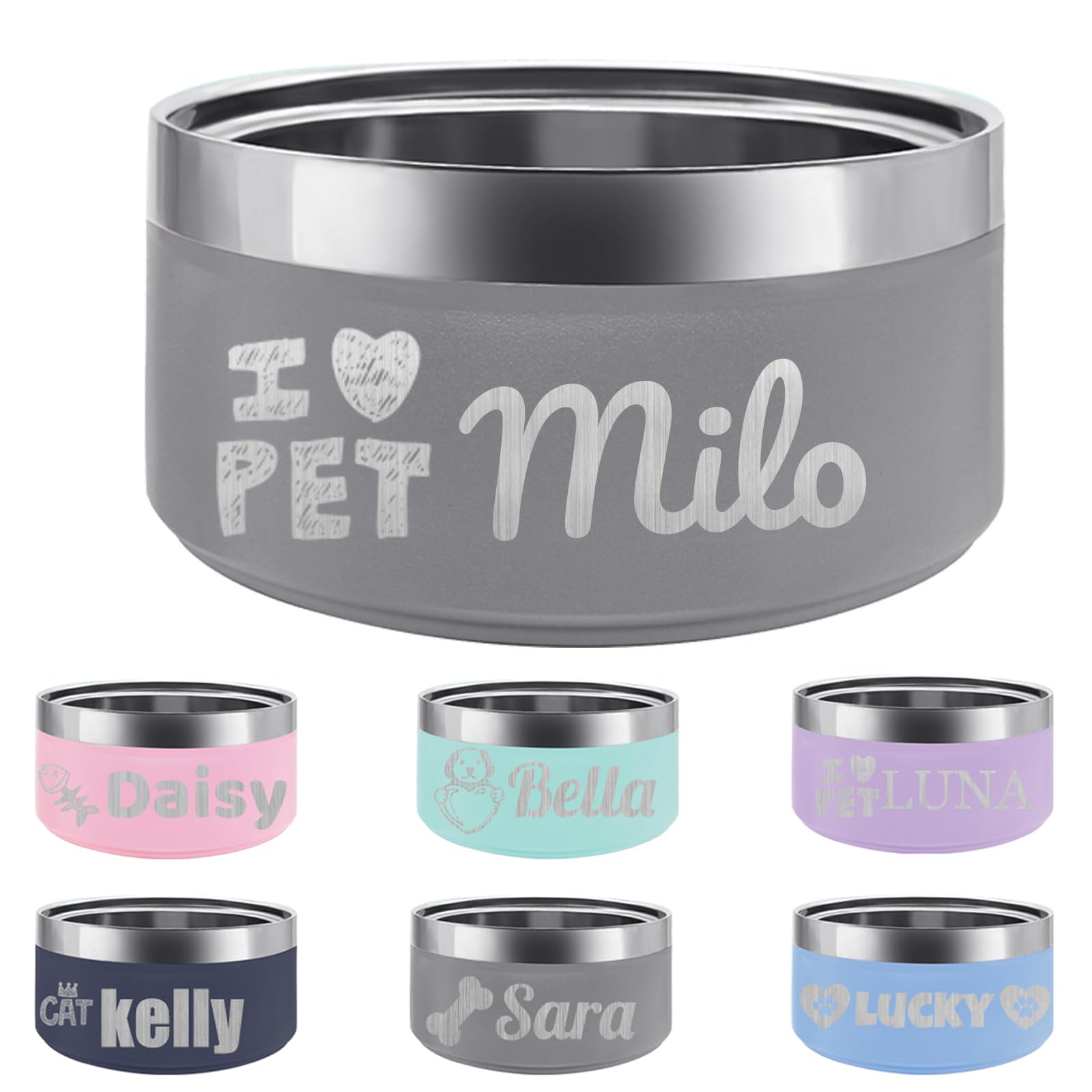 Personalized Stainless Steel Dog Cat Bowl with Name,Customized Laser Engraved Pet Bowl Non Slip for Water and Food 25oz,40oz,53oz(Grey)