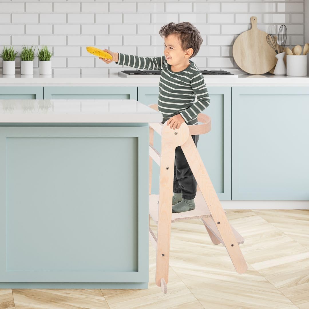 Mamatoyz 08FNAT Torre Montessoriana di Apprendimento Pieghevole Multiuso in Legno Naturale di Betulla con 2 Altezze Regolabili