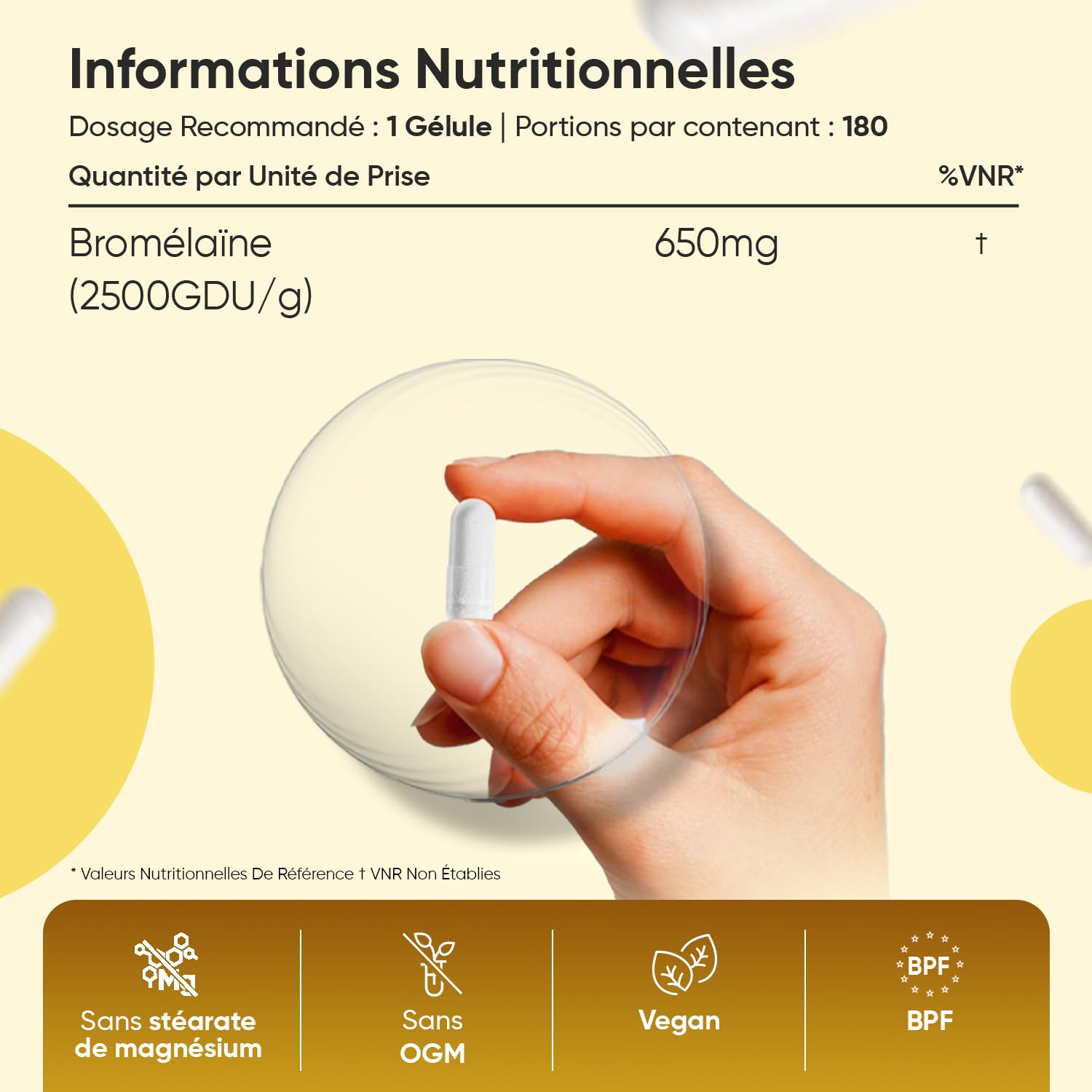 Bromelaine Gélules 650 mg (2500 UDG/g), 180 Gélules, 6 Mois d'Apport, avec Enzymes Digestives Dérivée de la Tige d'Ananas, Source de Manganèse, Cuivre, Vitamine C - Vegan & sans Stéarate de Magnésium