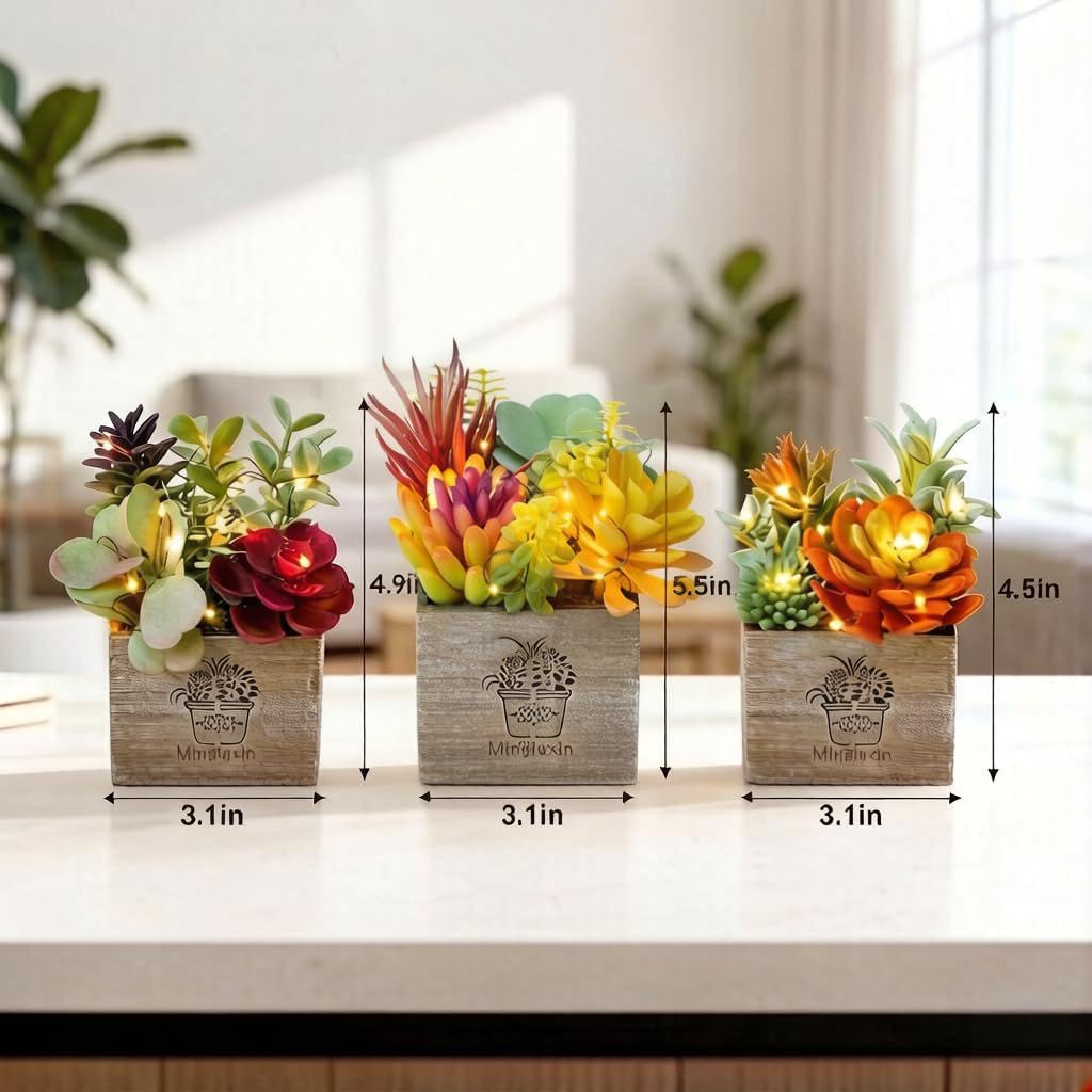 Plantas suculentas Artificiales, pequeñas Plantas Artificiales con Luces, Surtidas Decorativas suculentas Falsas en Maceta para Oficina, Escritorio, baño, Dormitorio, estantes, Ventanas