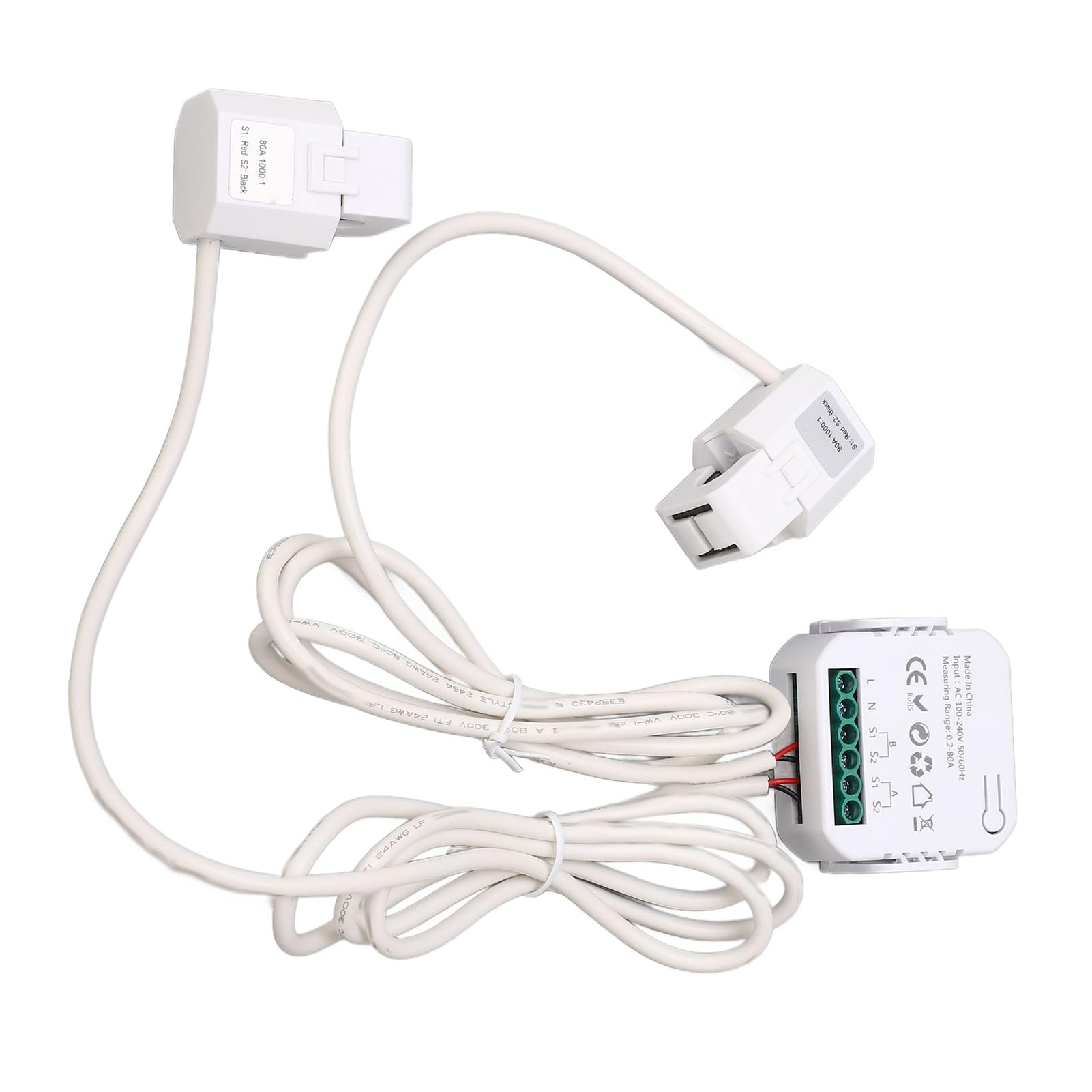 Single Phase Energy Meter, High Accuracy Overload 0.2A-80A Measurement Range 2.4GHz 100?240V AC Electricity Monitor for Circuit (White)