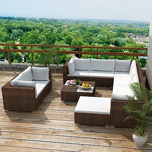 KCCKOM Garden Furniture Set 10 Piece Patio Lounge Set with Cushions Poly Rattan Brown