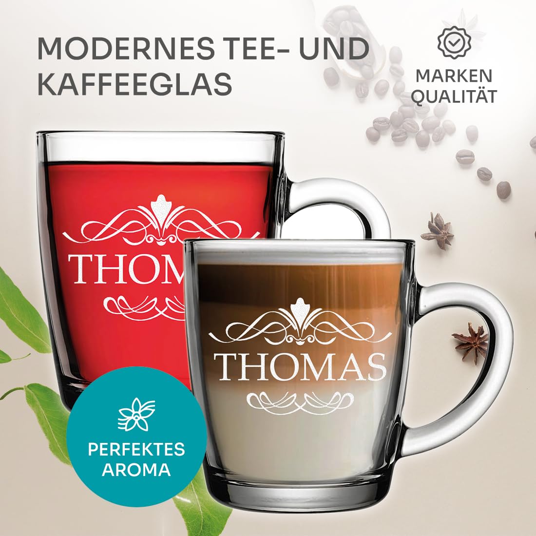 polar-effekt Glas Teebecher 340 ml 6 Stück mit personalisierter Gravur - hitzebeständige Teetassen mit Henkel - für warme und kalte Getränke - BPA-Frei