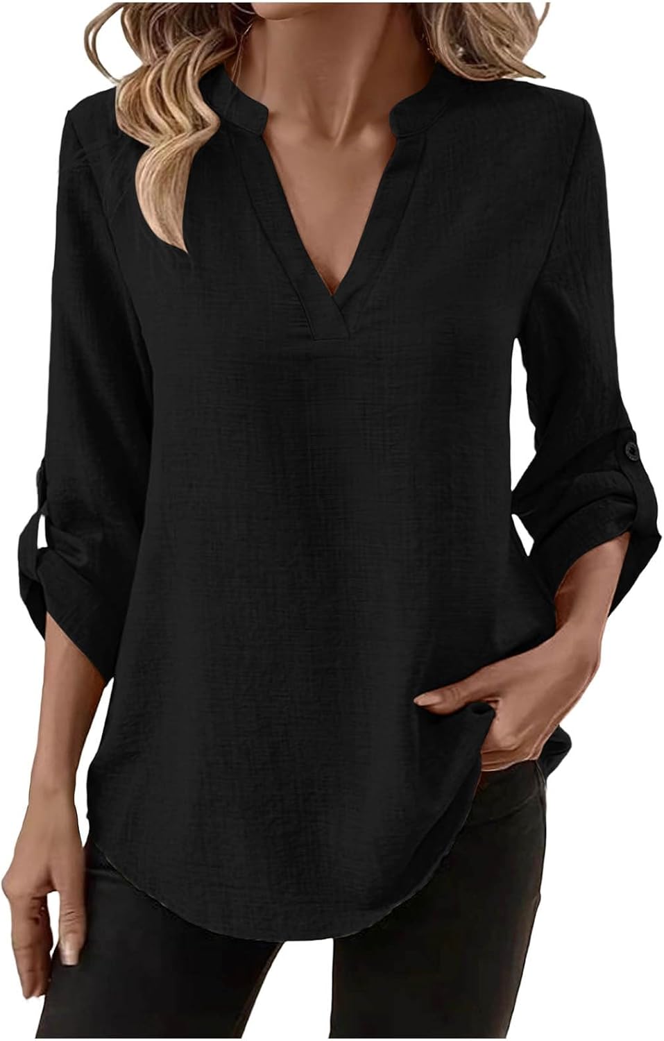 Womens 3/4 Sleeve Cotton Linen Shirts Casual Tree Quarter Length Sleeve Linen Tops Summer V Neck Loose Fit Blouses