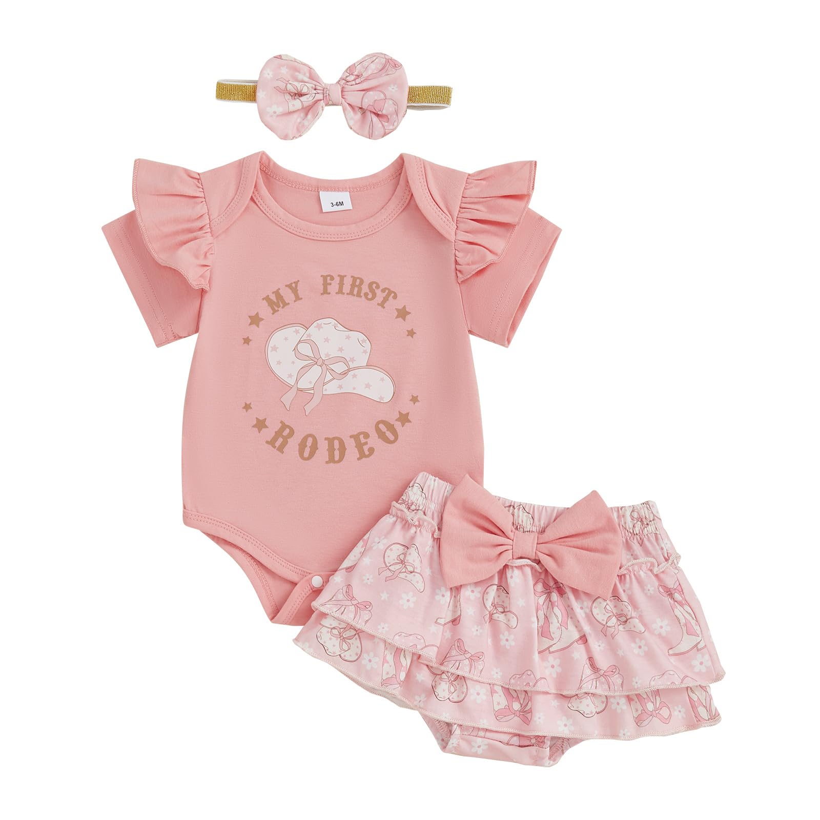 Newborn Baby Girl Western Outfit Cowgirl My First Rodeo Short Sleeve Romper Ruffle Shorts Headband 3Pcs Summer Clothes (Pink, 3-6 Months)